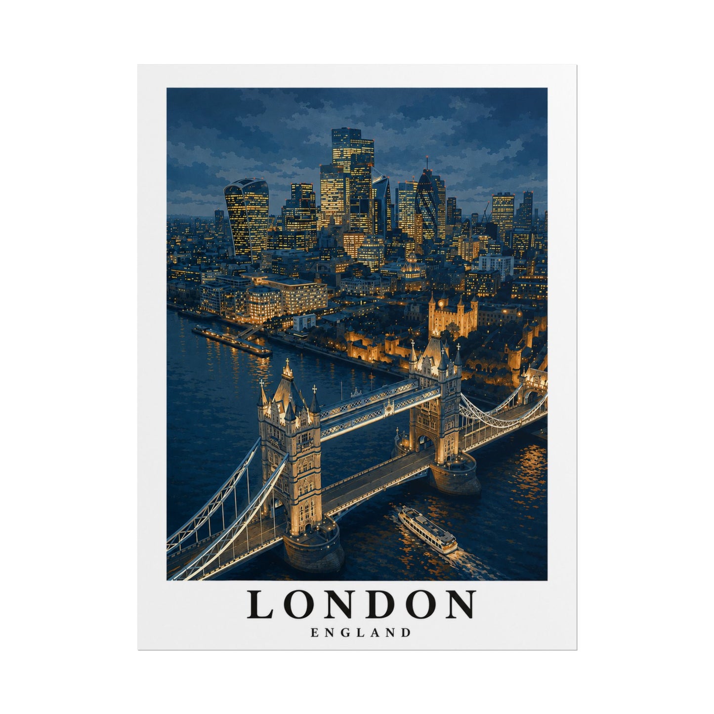 London Cityscape Poster — Tower Bridge Night Skyline Rolled Art Print