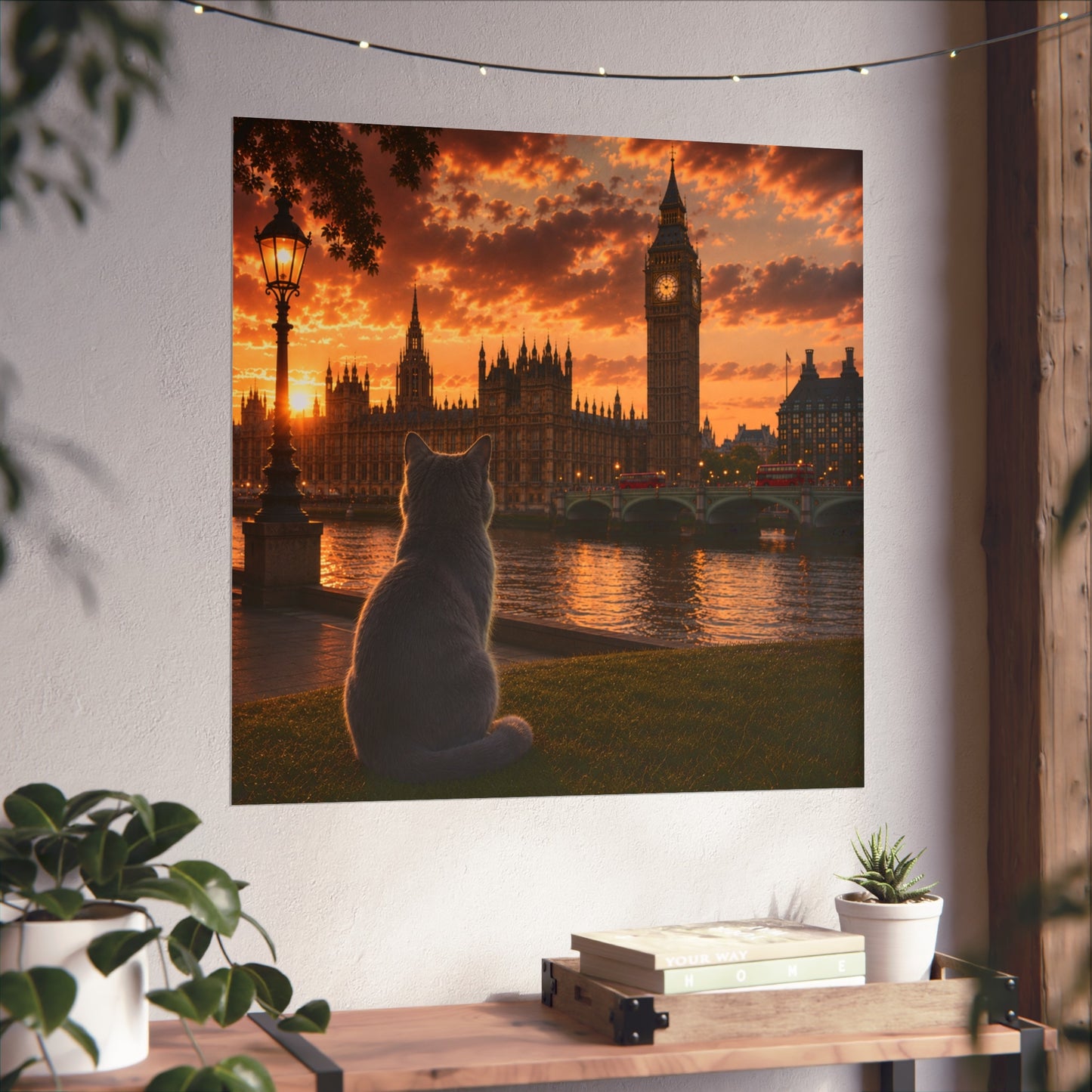 Cat in London - Travel Cat in London - London Sunset Art Poster — Cat Fine Art Print - London Travel Poster - Cat Gift