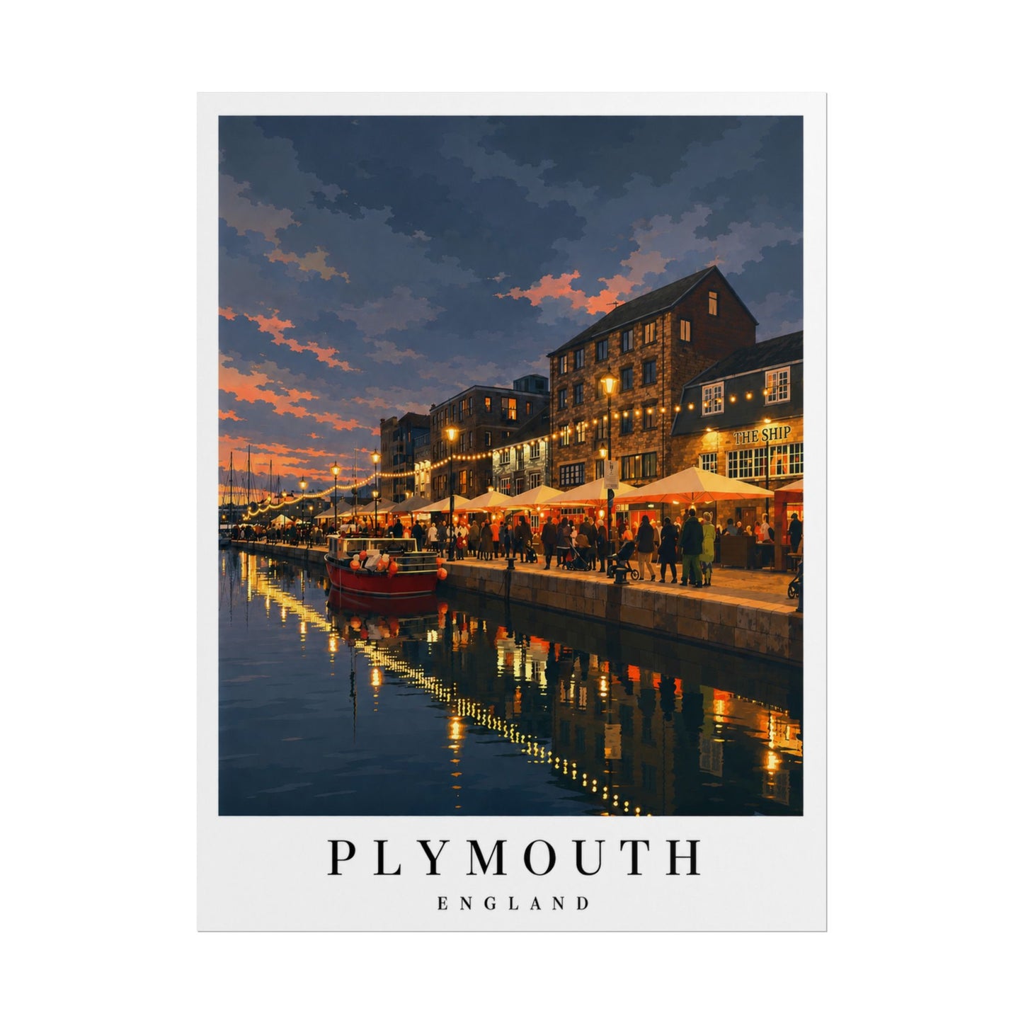 Plymouth Barbican England Harbour Poster — Rolled Travel Wall Art, Coastal Evening Waterfront Print