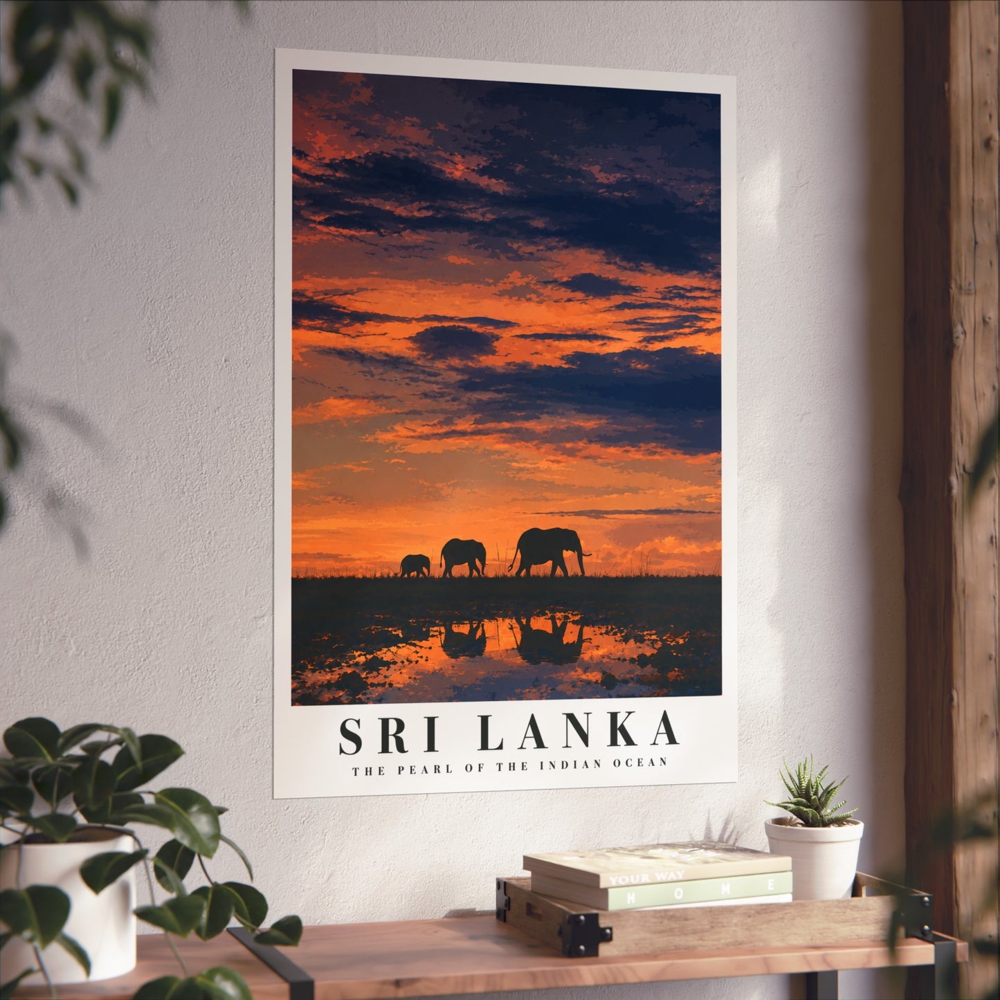 Sri Lanka Sunset Fine Art Poster — Elephants Silhouette Travel Print - Sri Lanka Travel Poster
