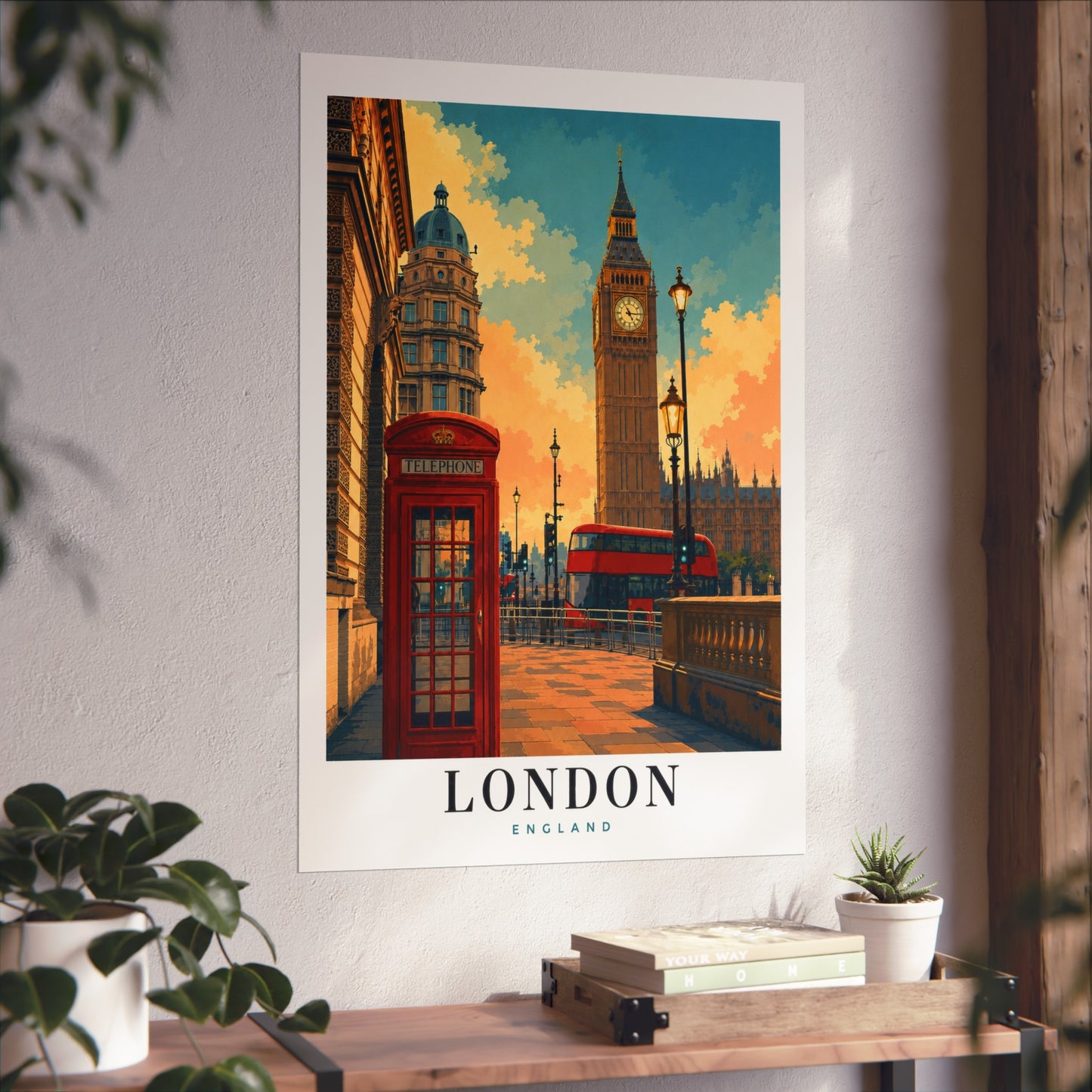 London Travel Art Poster — Vintage Big Ben & Red Phone Booth Print - London Wall Art