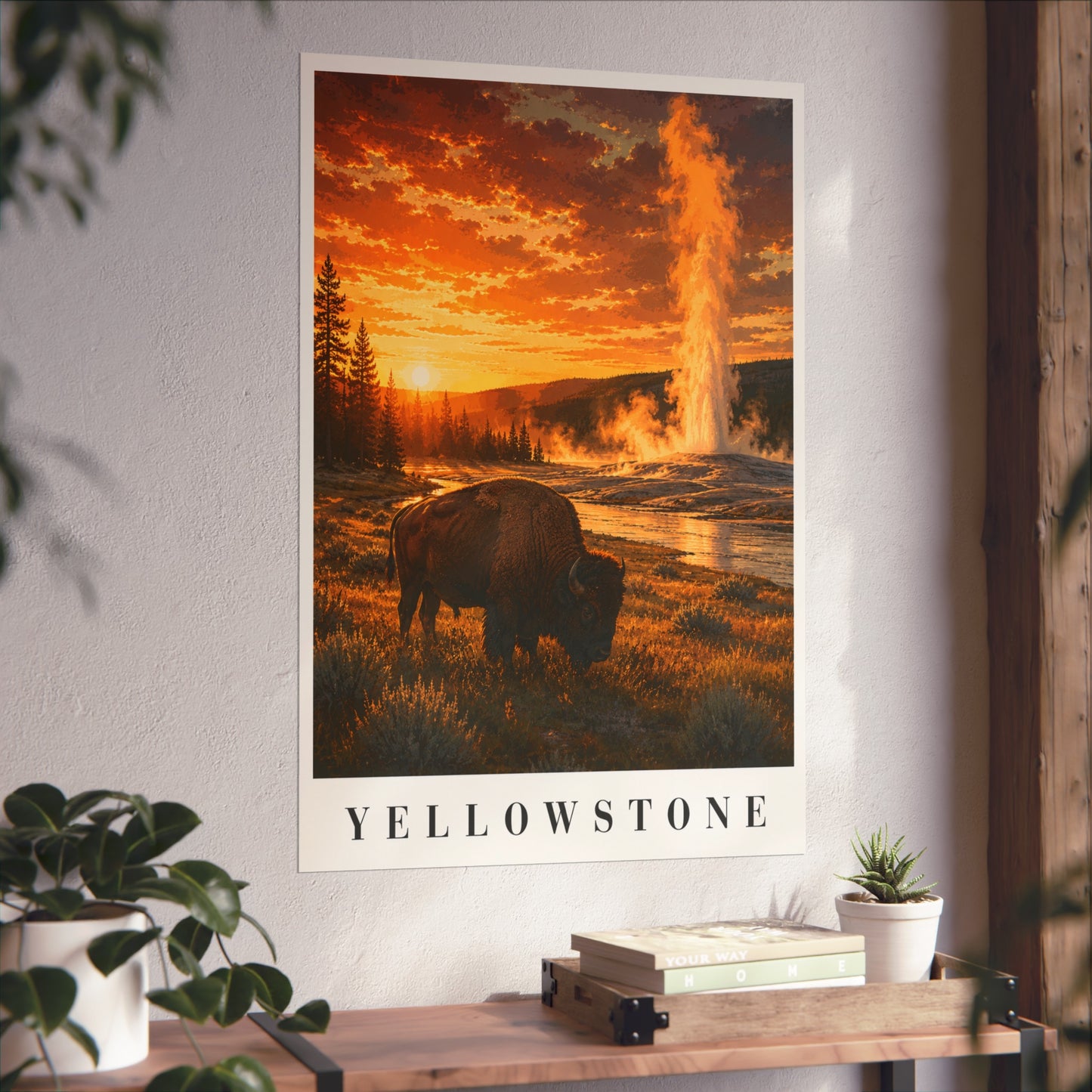 Yellowstone Fine Art Poster — Sunset Geyser & Bison Landscape