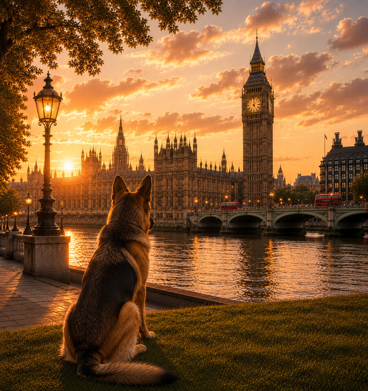 German Shepherd In London - German Shepherd Print - London Travel print - Sunset in London Fine Art Poster - German Shepherd by Big Ben