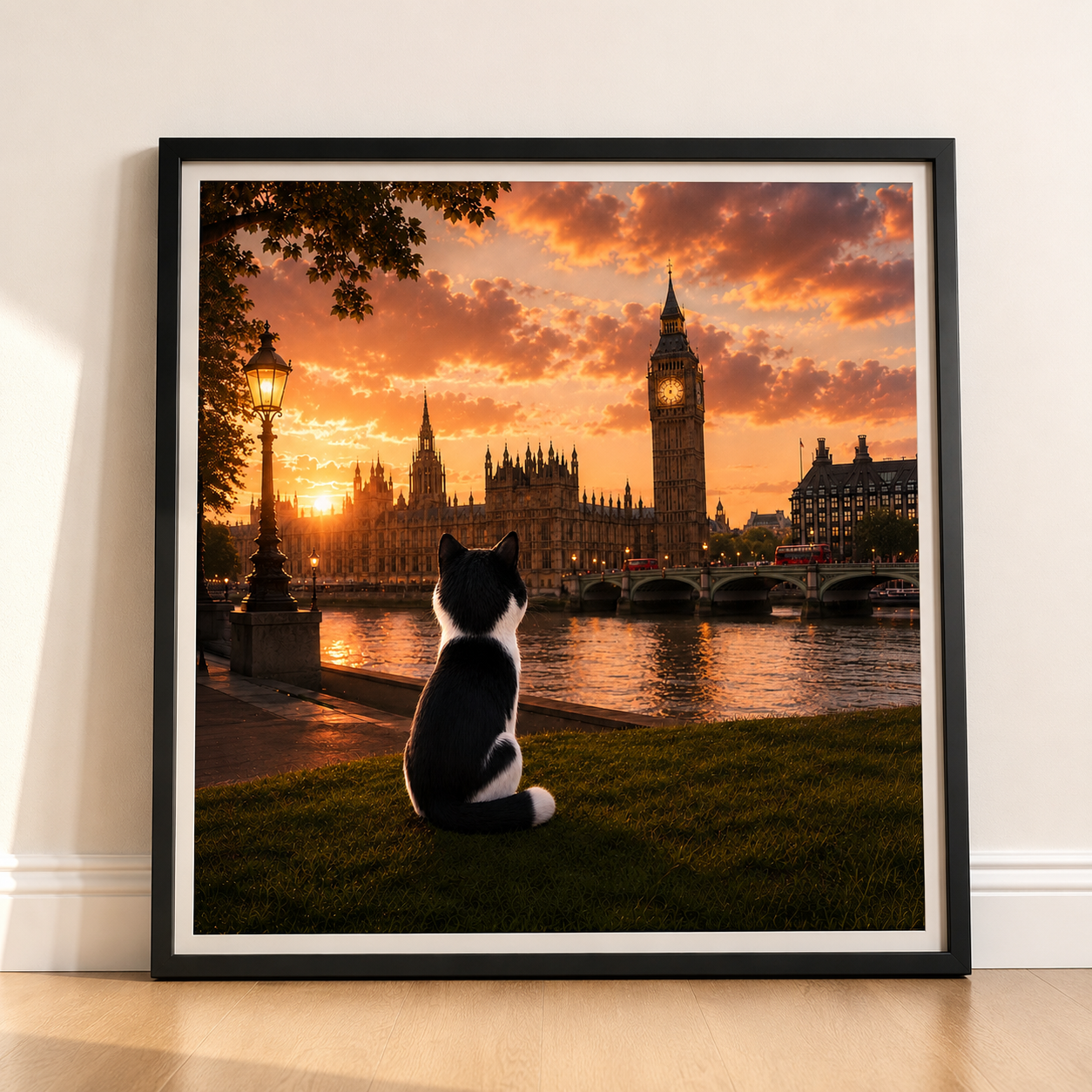 Cat in London - Travel Cat in London - London Sunset Art Poster — Cat Fine Art Print - London Travel Poster - Cat Gift