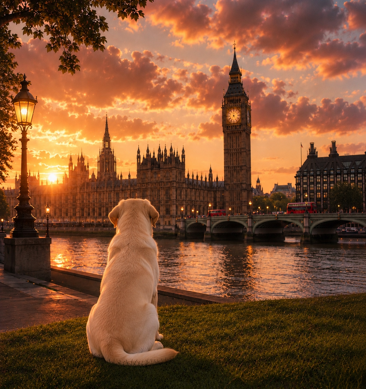 Labrador In London - Labrodor Print - London Travel print - Sunset in London Fine Art Poster - Labrador Dog by Big Ben