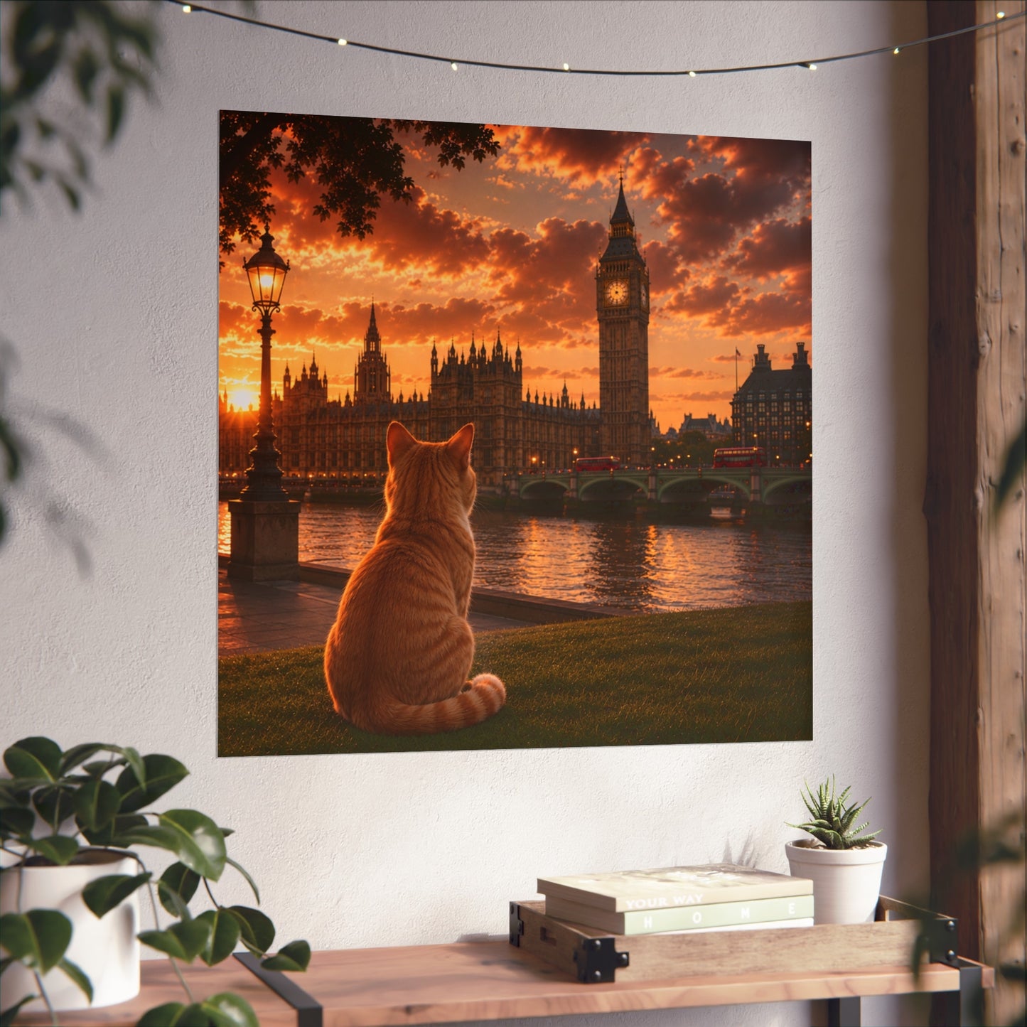Cat in London - Travel Cat in London - London Sunset Art Poster — Cat Fine Art Print - London Travel Poster - Cat Gift
