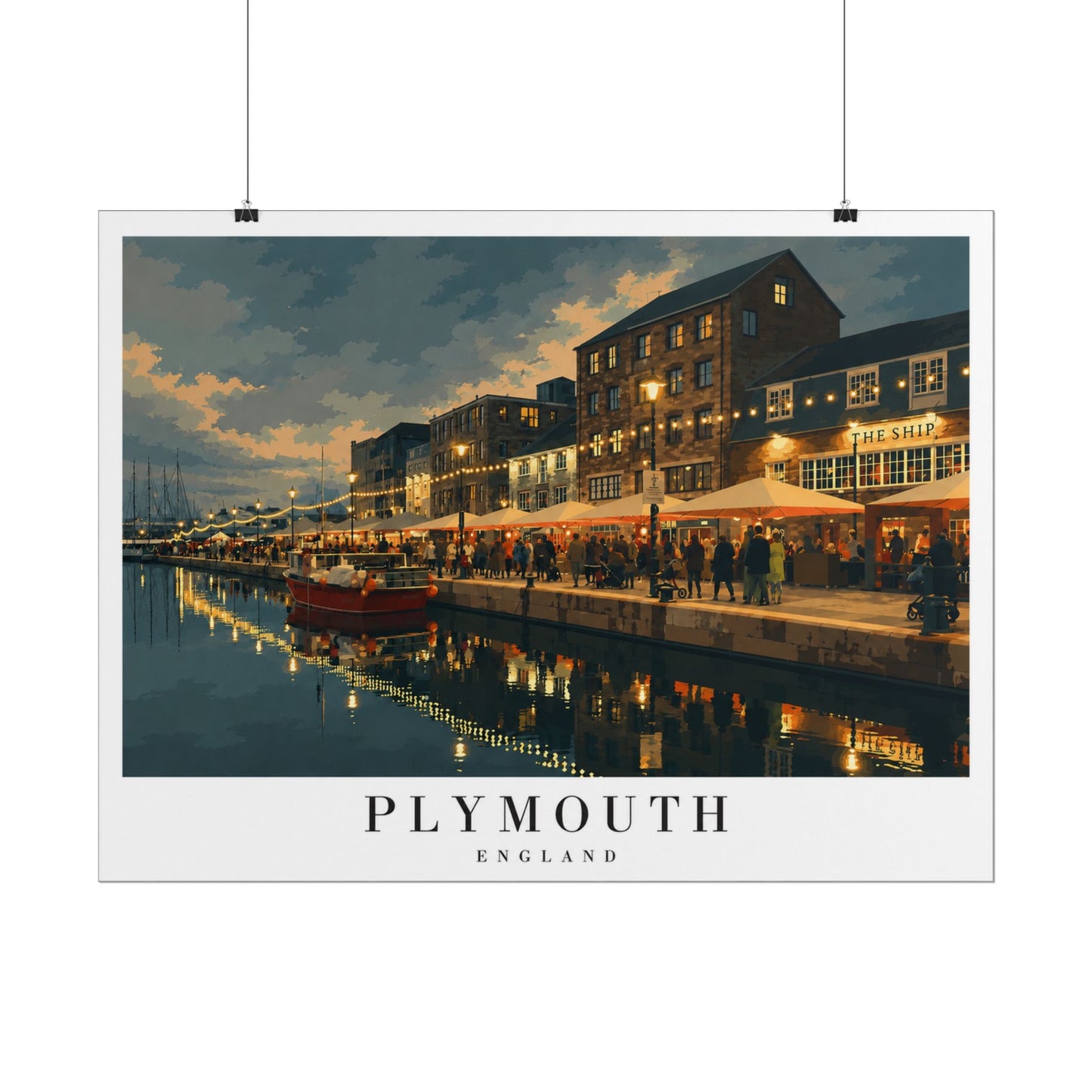 Plymouth Barbican Harbor Nightscape Poster — Rolled Travel Print
