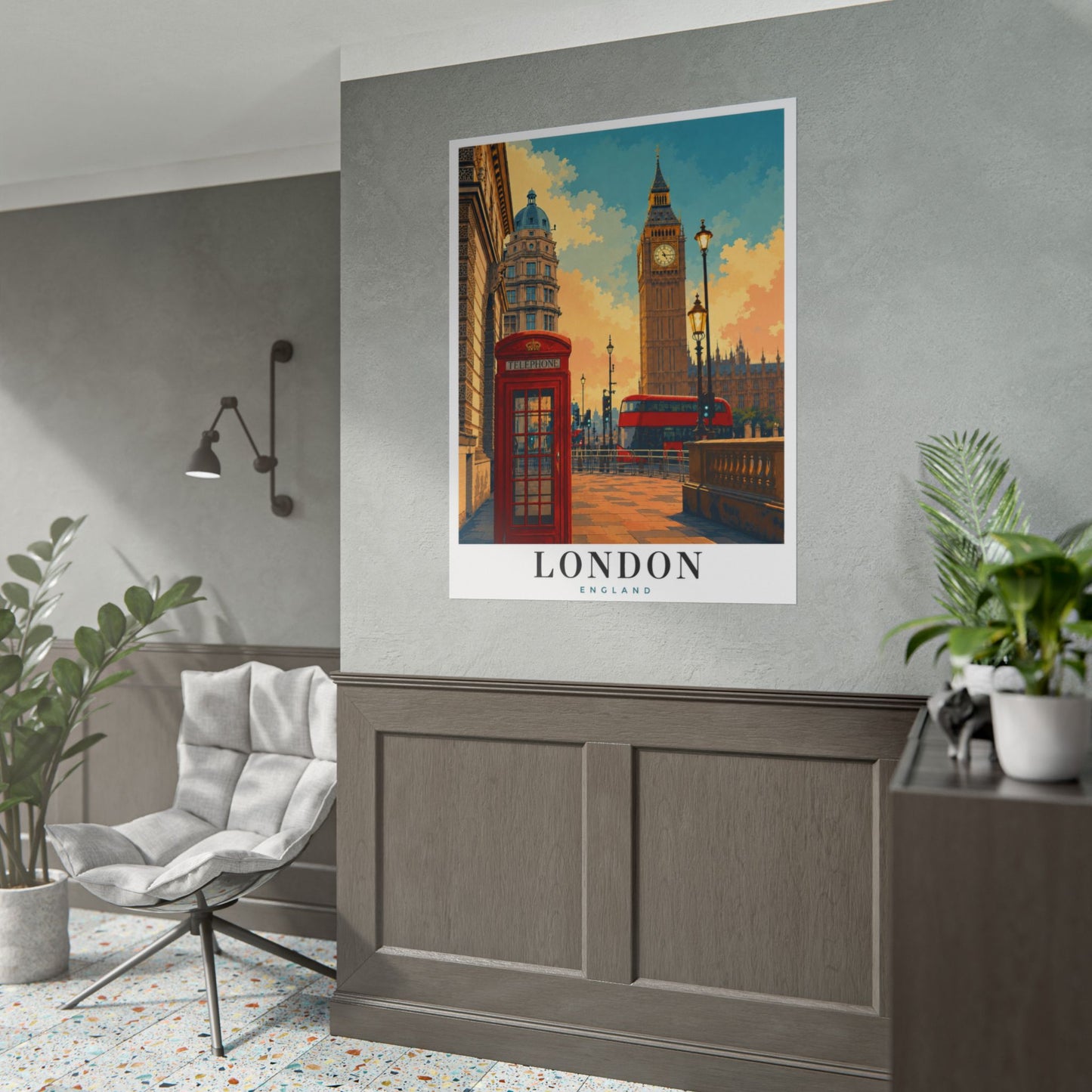 London Travel Poster - Big Ben & Red Bus Rolled Art Print