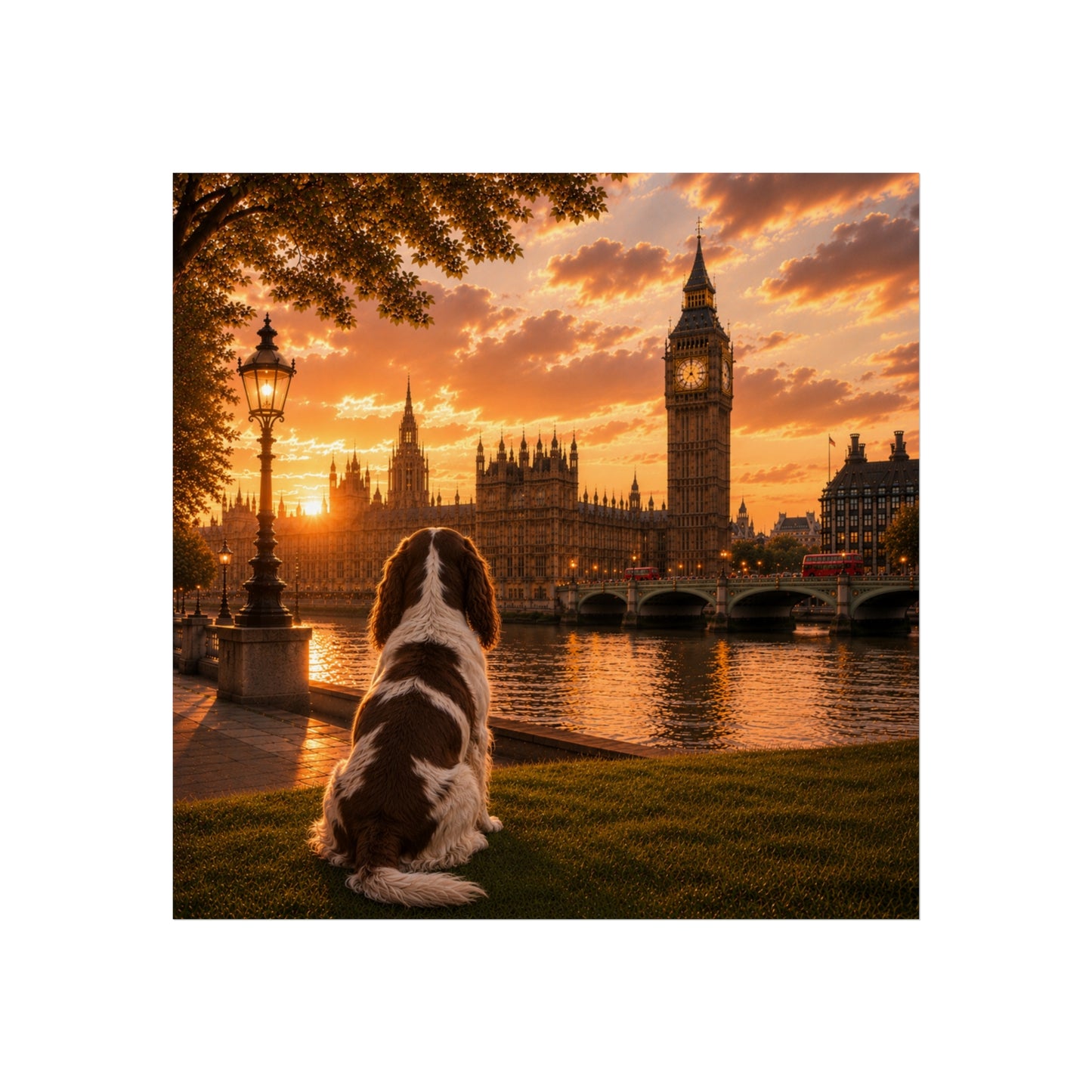 English Springer Spaniel In London -English Springer Spaniel Print - London Travel print - Sunset in London Fine Art Poster - English Springer Spaniel Dog by Big Ben