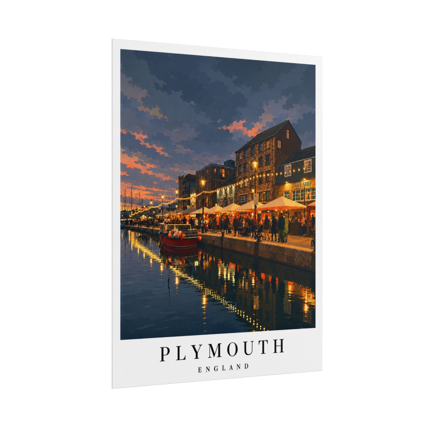 Plymouth Barbican England Harbour Poster — Rolled Travel Wall Art, Coastal Evening Waterfront Print