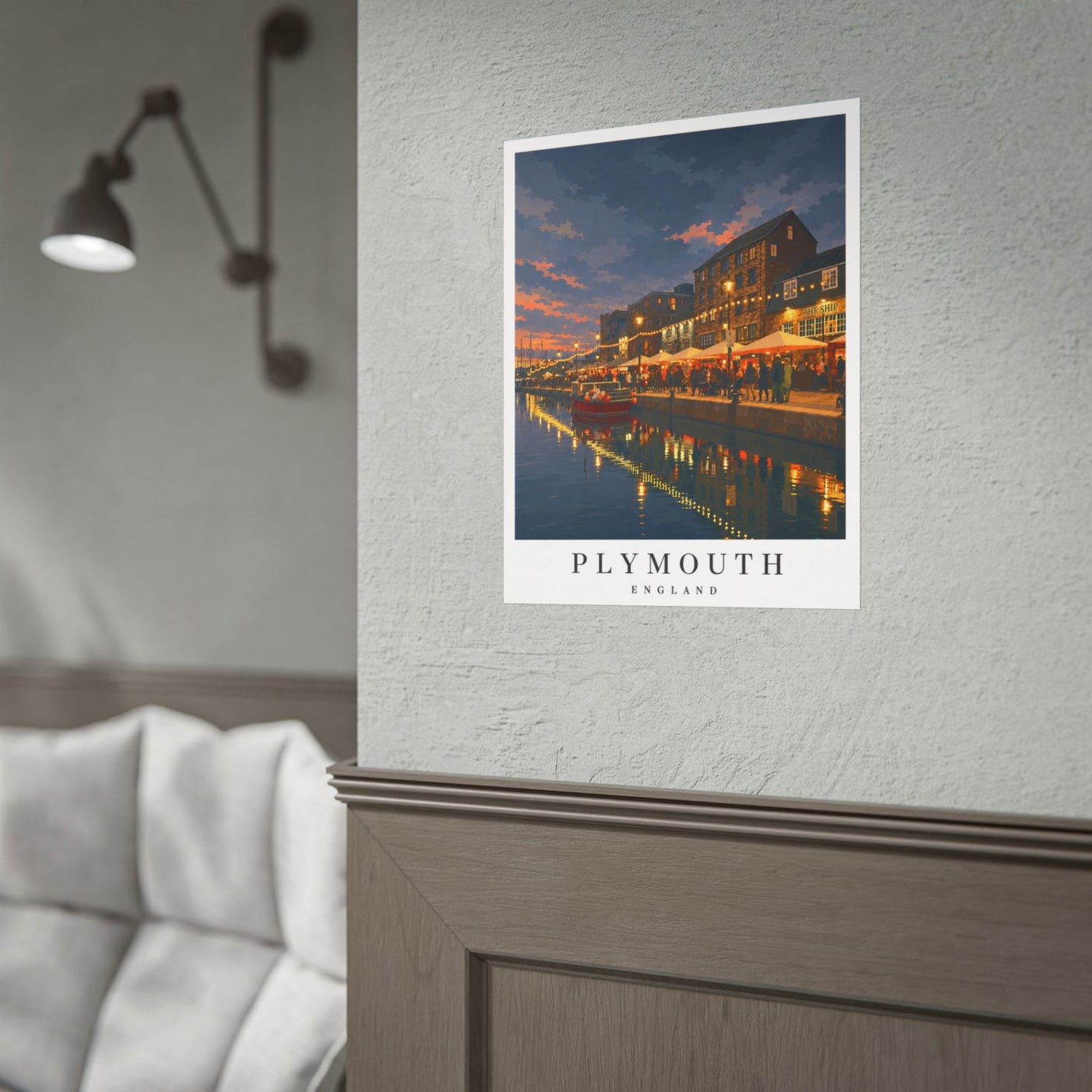 Plymouth Barbican England Harbour Poster — Rolled Travel Wall Art, Coastal Evening Waterfront Print