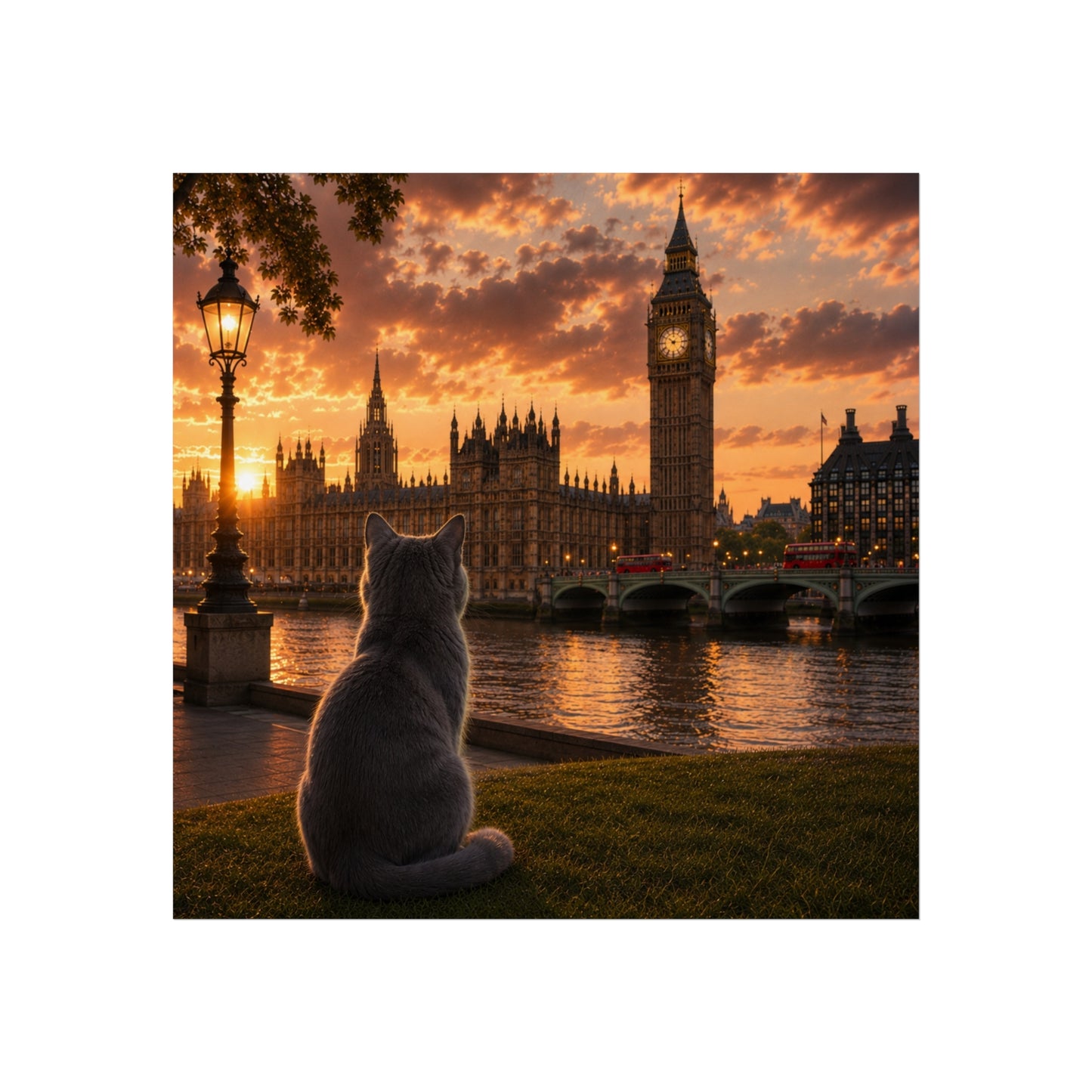 Cat in London - Travel Cat in London - London Sunset Art Poster — Cat Fine Art Print - London Travel Poster - Cat Gift