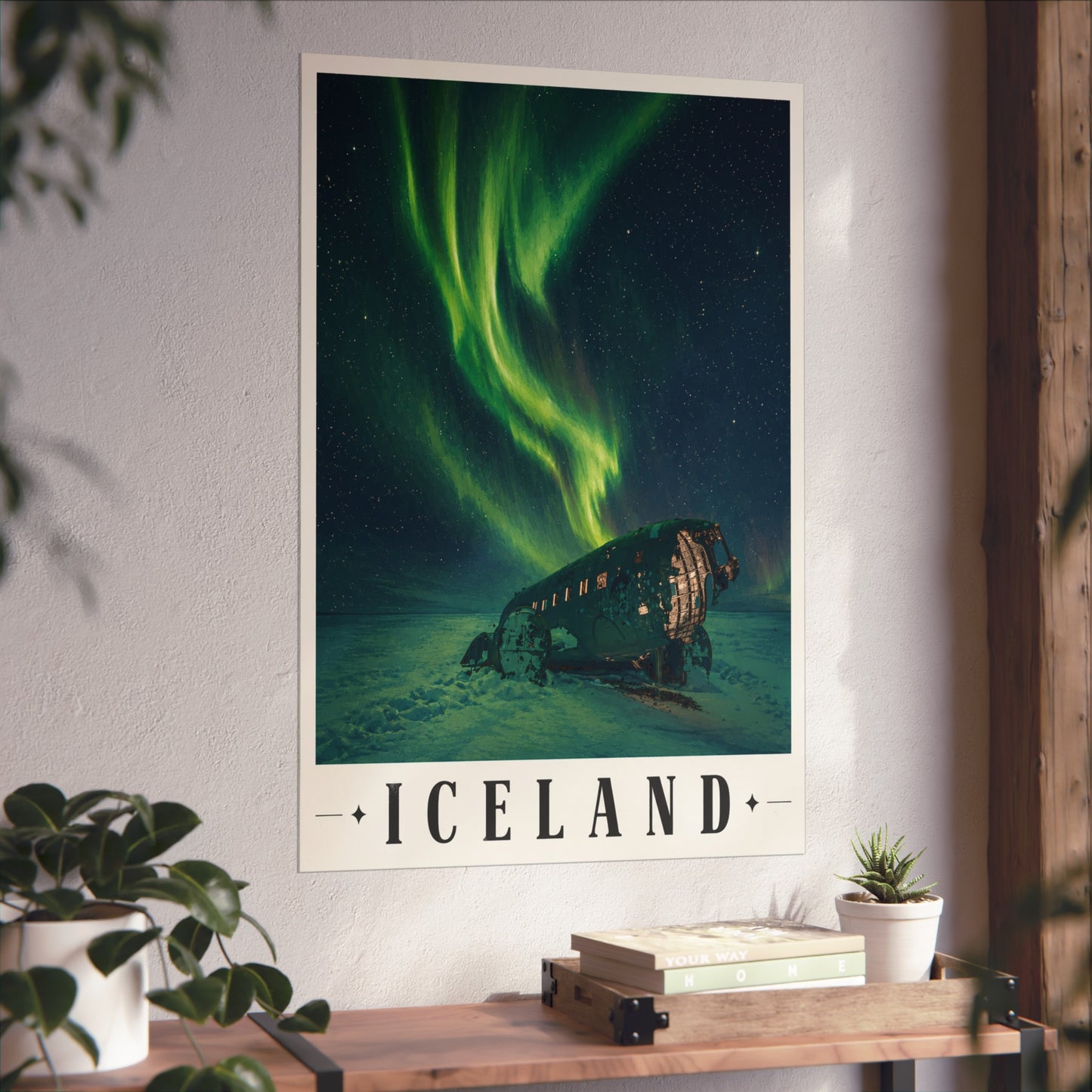 Iceland Northern Lights Poster — Auroras Over Plane Wreck Fine Art Print - Iceland Travel Poster