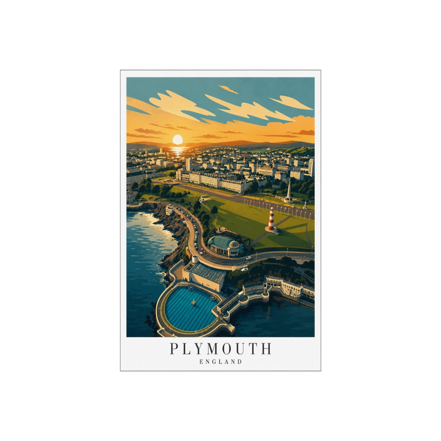 Plymouth Coastal Sunset Fine Art Poster - Vintage Travel Print - Plymouth Travel Poster