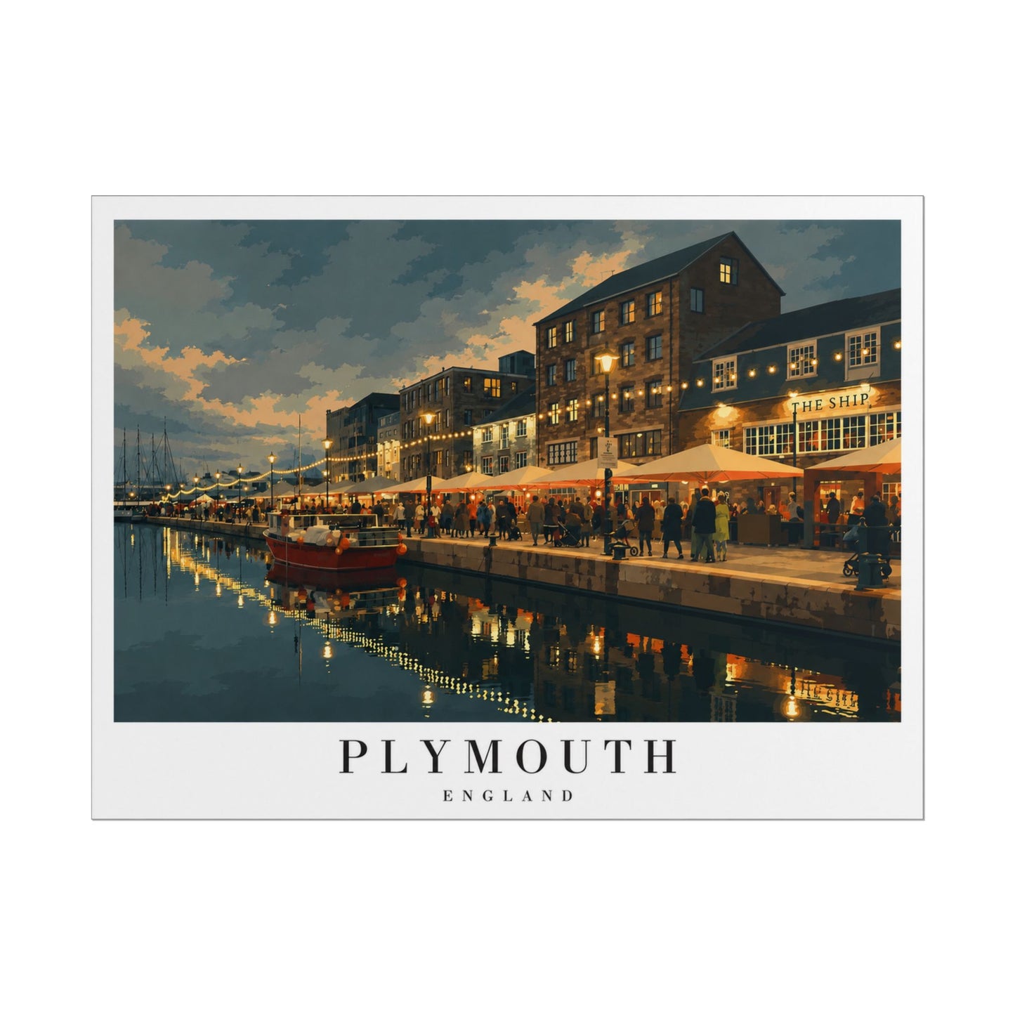 Plymouth Barbican Harbor Nightscape Poster — Rolled Travel Print