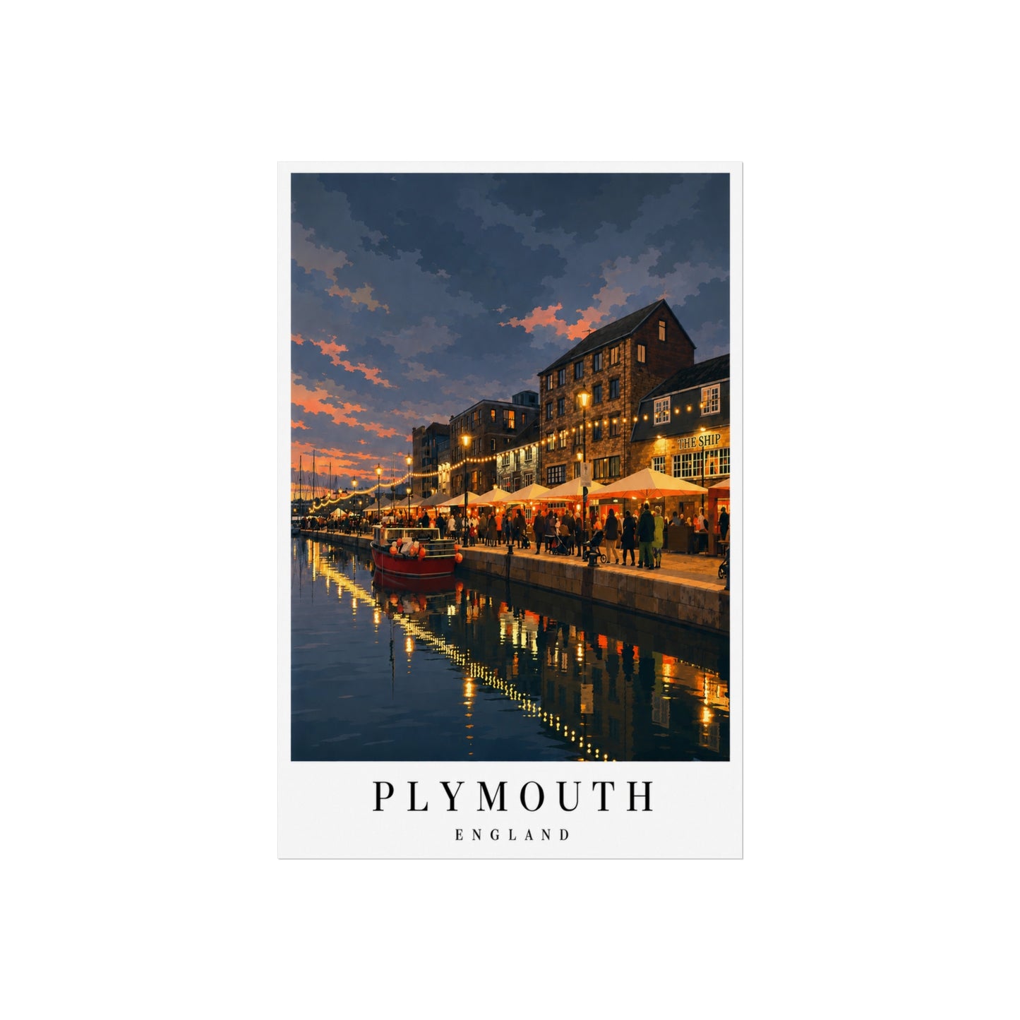 Plymouth England Fine Art Poster — Coastal Harbor Sunset Travel Print - Plymouth Travel Poster