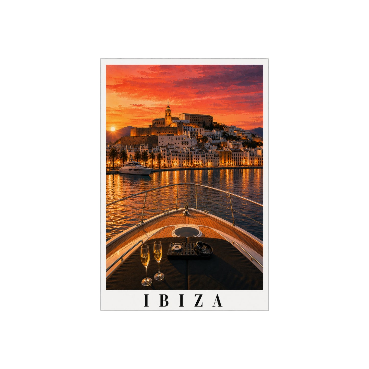 Ibiza Sunset Fine Art Poster — Harbor Boat Scene Travel Wall Art