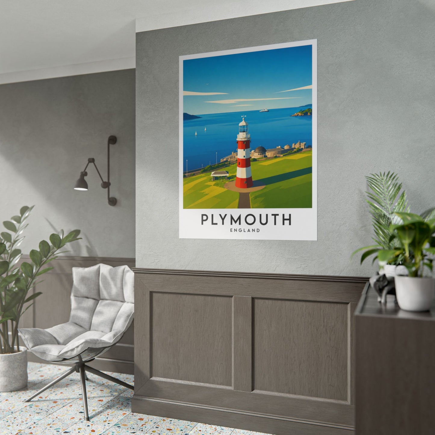 Plymouth Hoe Smeaton's Tower Lighthouse Travel Poster — Rolled Art Print