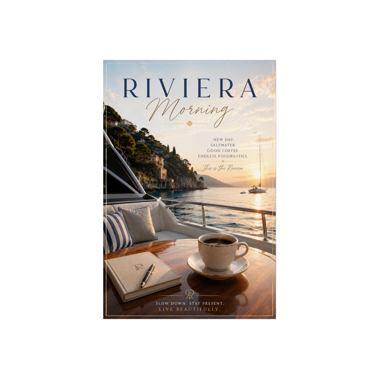 Riviera Morning Fine Art Poster — Coastal Sunrise Yacht Scene