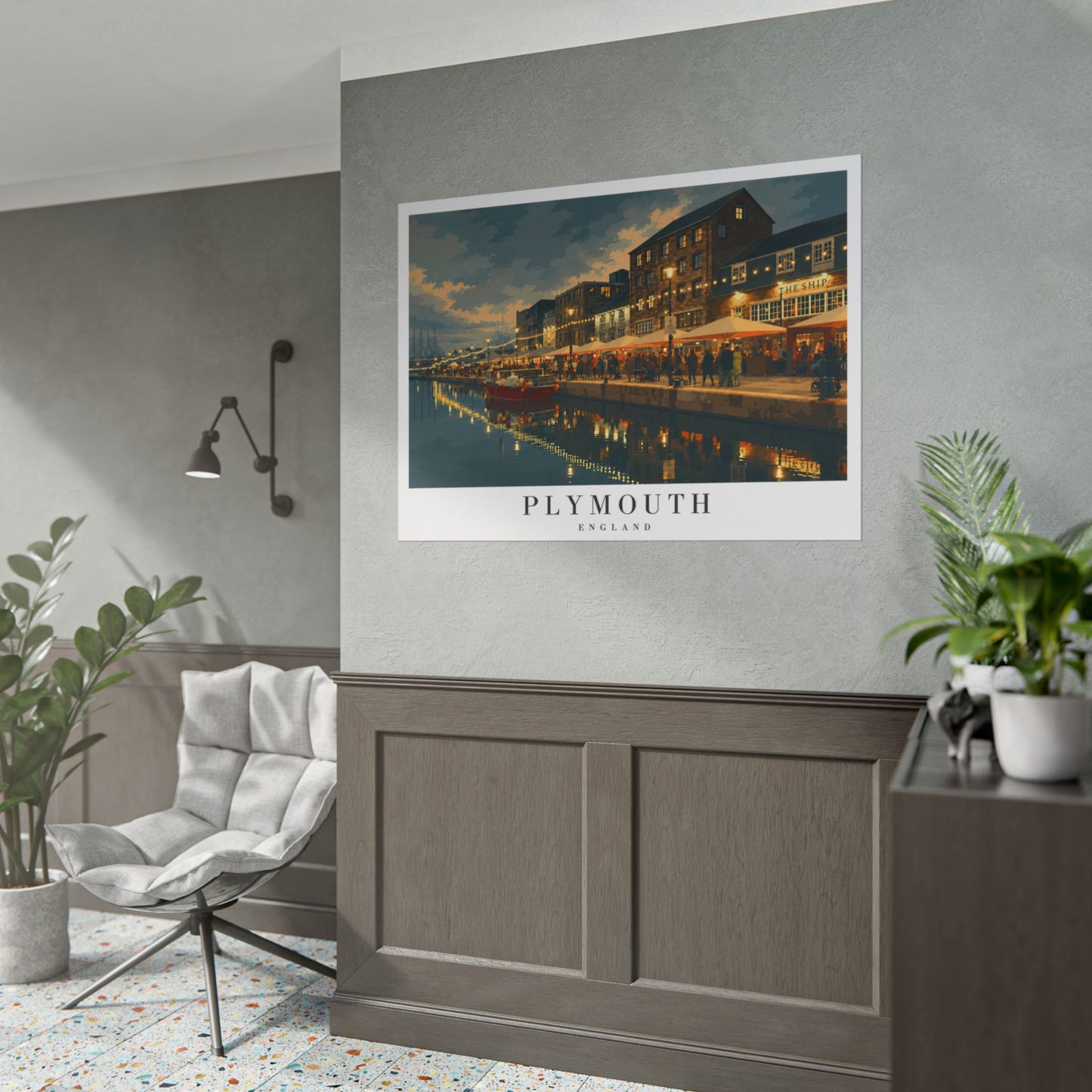 Plymouth Barbican Harbor Nightscape Poster — Rolled Travel Print