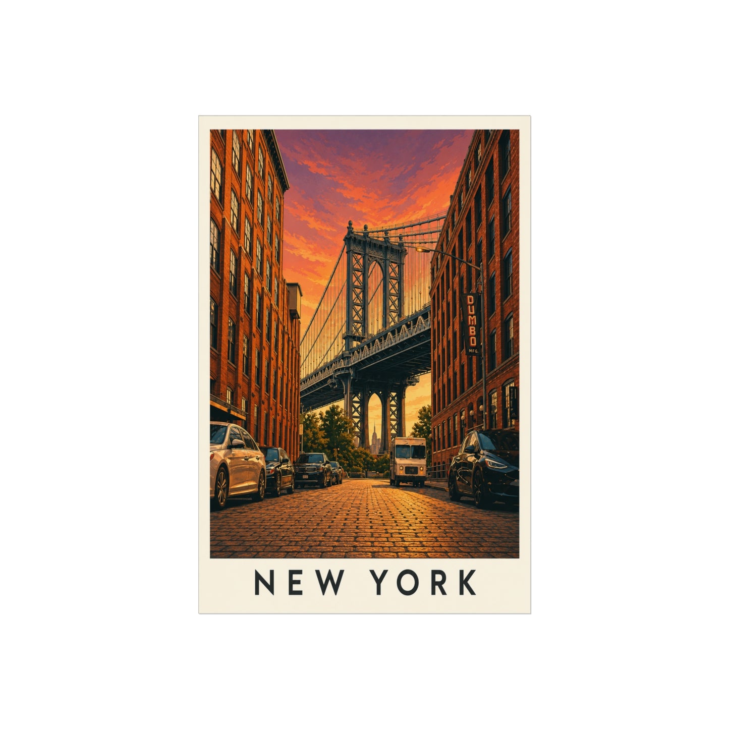 New York Sunset Fine Art Poster — Vintage Brooklyn Bridge Cityscape - New York Travel Poster