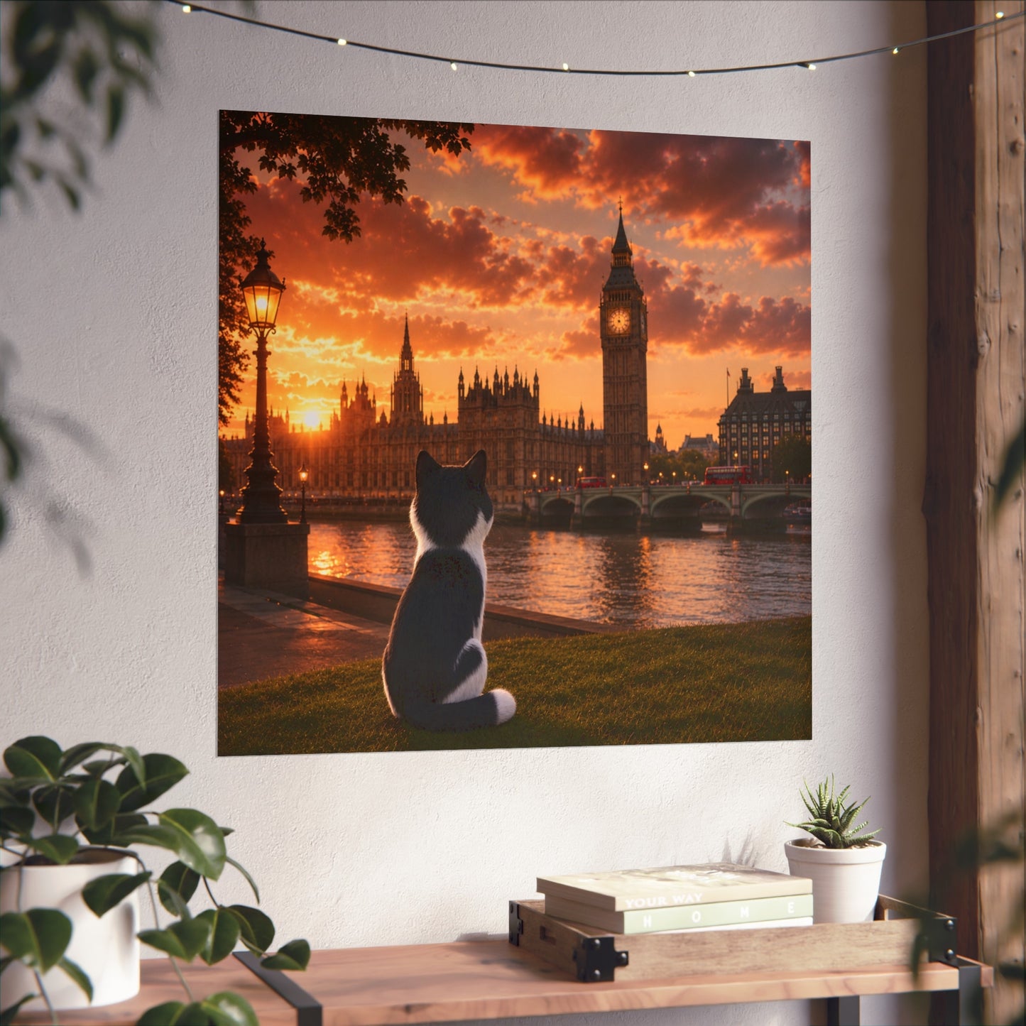 Cat in London - Travel Cat in London - London Sunset Art Poster — Cat Fine Art Print - London Travel Poster - Cat Gift