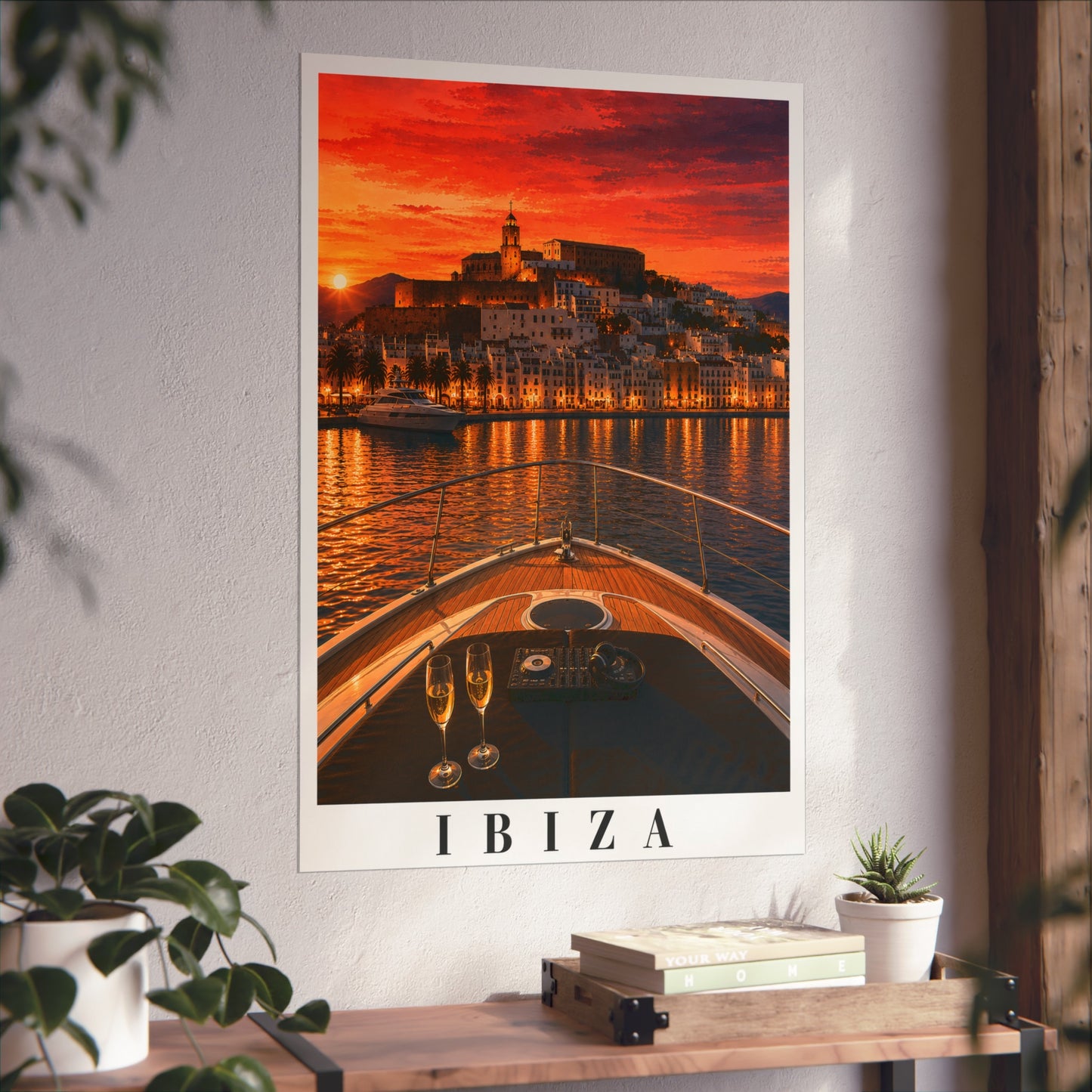 Ibiza Sunset Fine Art Poster — Harbor Boat Scene Travel Wall Art