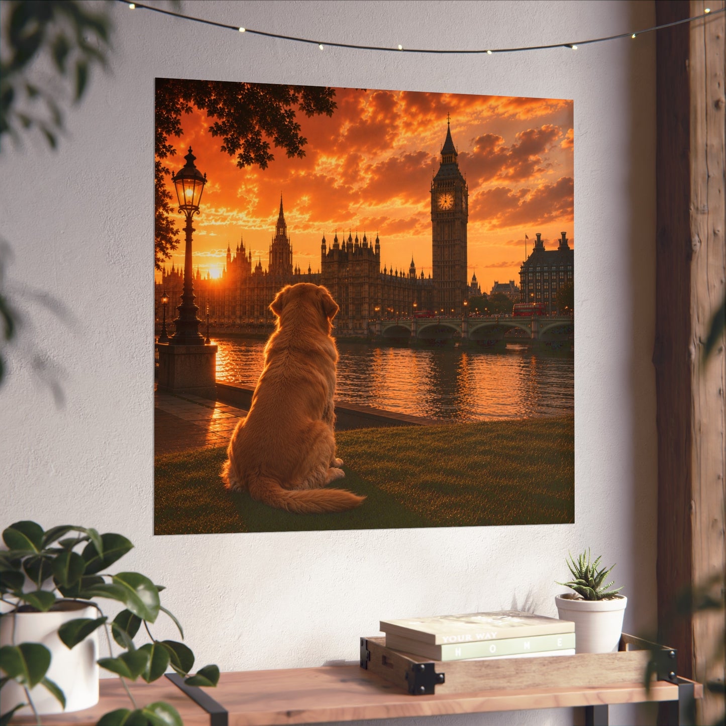 Golden Retriever In London - Golden Retriever Print - London Travel print - Sunset in London Fine Art Poster - Golden Retriever Dog by Big Ben