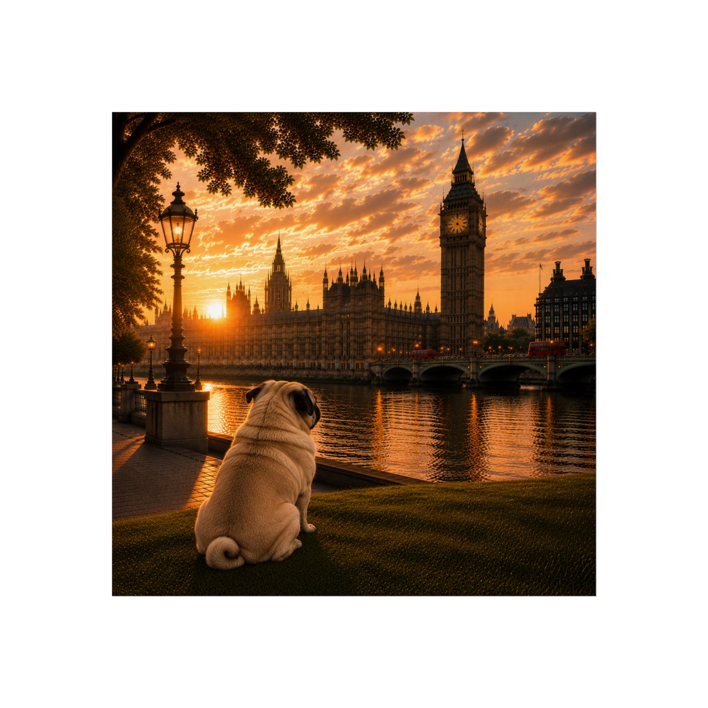 Pug In London - Pug Print - London Travel print - Sunset in London Fine Art Poster - Pug Dog by Big Ben