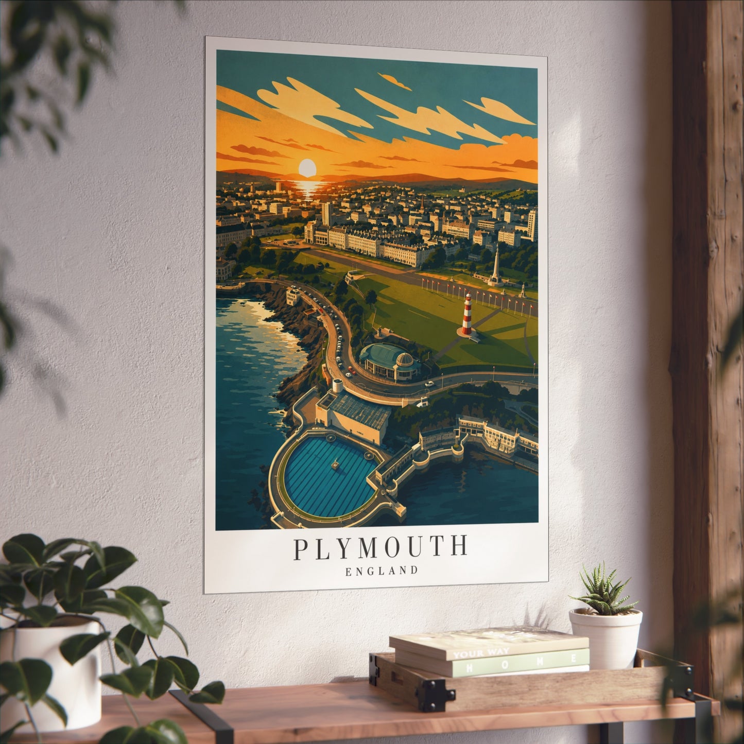 Plymouth Coastal Sunset Fine Art Poster - Vintage Travel Print - Plymouth Travel Poster