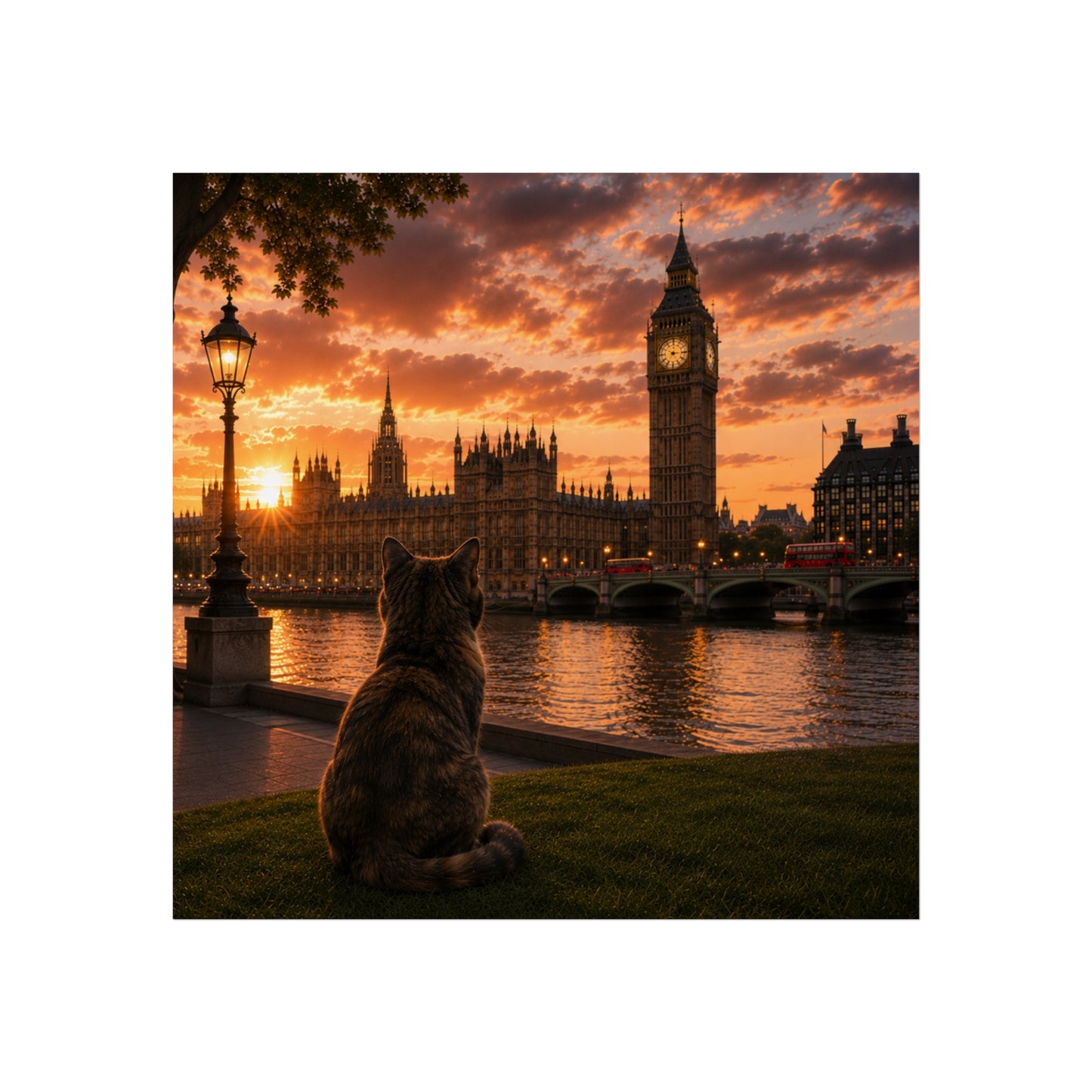 Cat in London - Travel Cat in London - London Sunset Art Poster — Cat Fine Art Print - London Travel Poster - Cat Gift