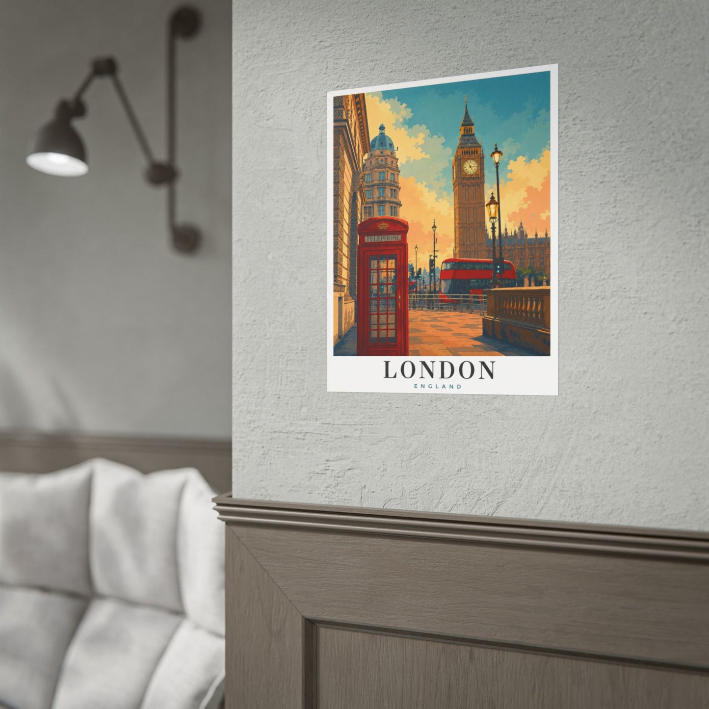 London Travel Poster - Big Ben & Red Bus Rolled Art Print