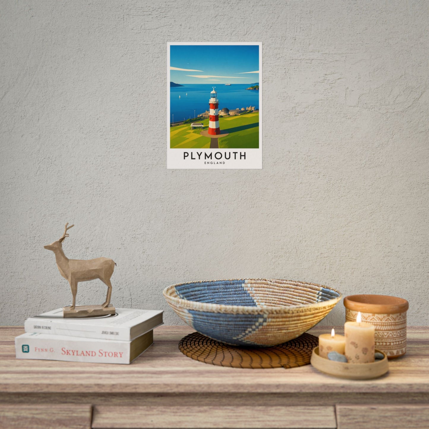 Plymouth Hoe Smeaton's Tower Lighthouse Travel Poster — Rolled Art Print