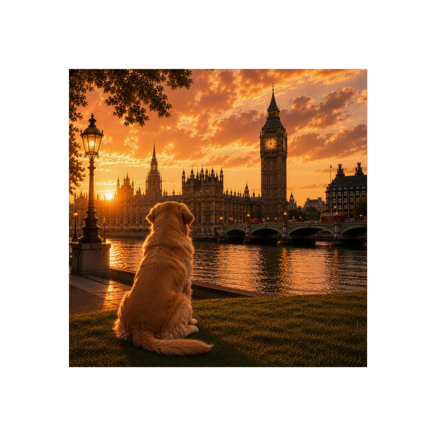 Golden Retriever In London - Golden Retriever Print - London Travel print - Sunset in London Fine Art Poster - Golden Retriever Dog by Big Ben