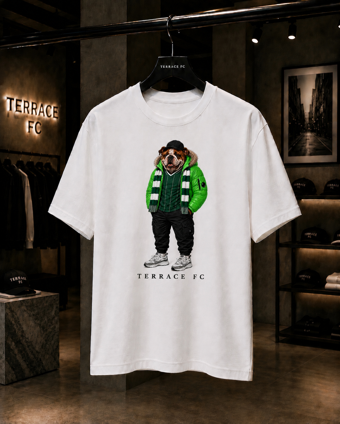 Terrace FC Bulldog T-Shirt - Football T-shirt - Green & White Scarf