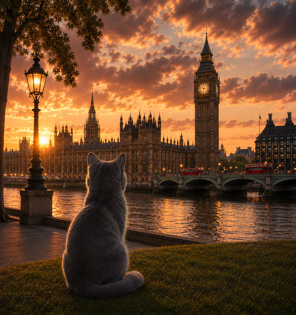 Cat in London - Travel Cat in London - London Sunset Art Poster — Cat Fine Art Print - London Travel Poster - Cat Gift