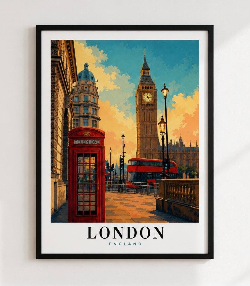 London Travel Art Poster — Vintage Big Ben & Red Phone Booth Print - London Wall Art