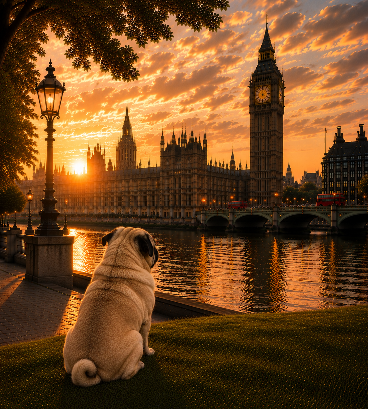 Pug In London - Pug Print - London Travel print - Sunset in London Fine Art Poster - Pug Dog by Big Ben