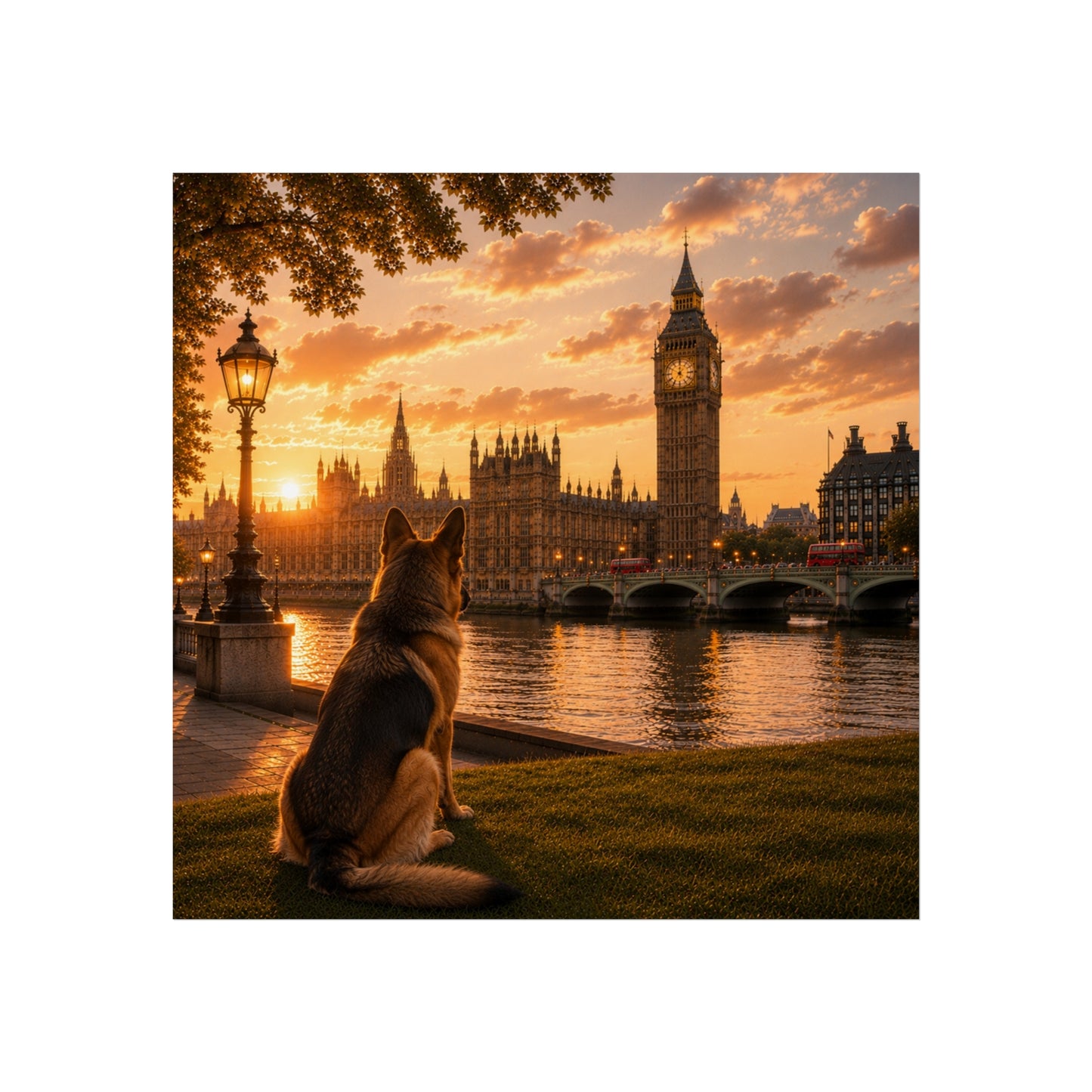 German Shepherd In London - German Shepherd Print - London Travel print - Sunset in London Fine Art Poster - German Shepherd by Big Ben