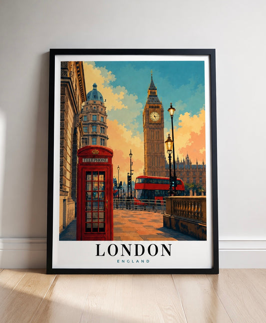 London Travel Art Poster — Vintage Big Ben & Red Phone Booth Print - London Wall Art