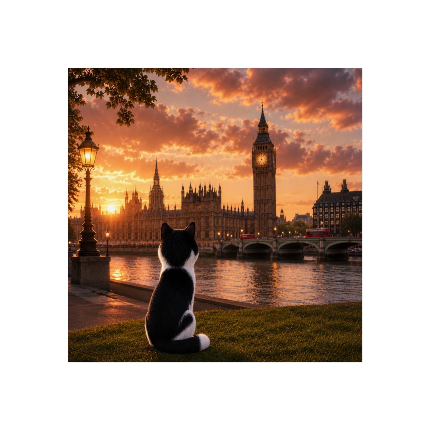 Cat in London - Travel Cat in London - London Sunset Art Poster — Cat Fine Art Print - London Travel Poster - Cat Gift