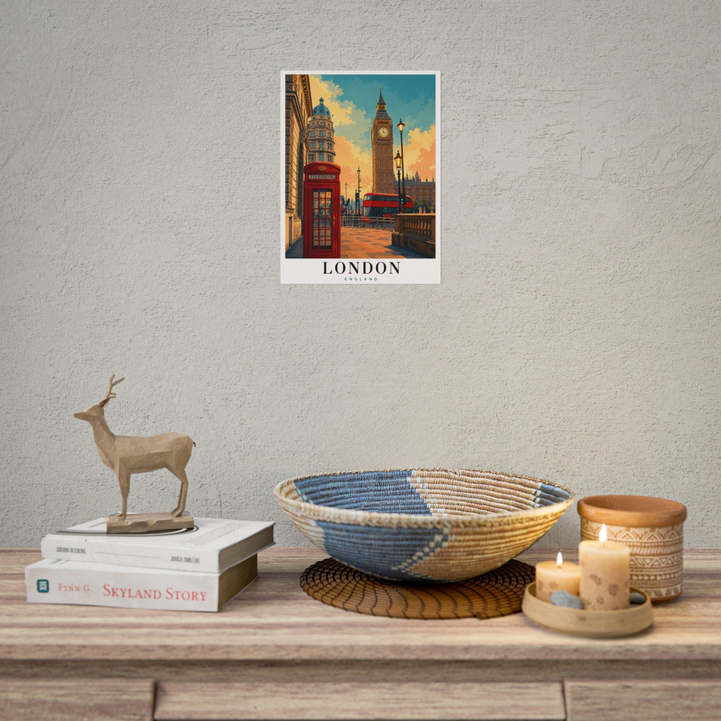 London Travel Poster - Big Ben & Red Bus Rolled Art Print