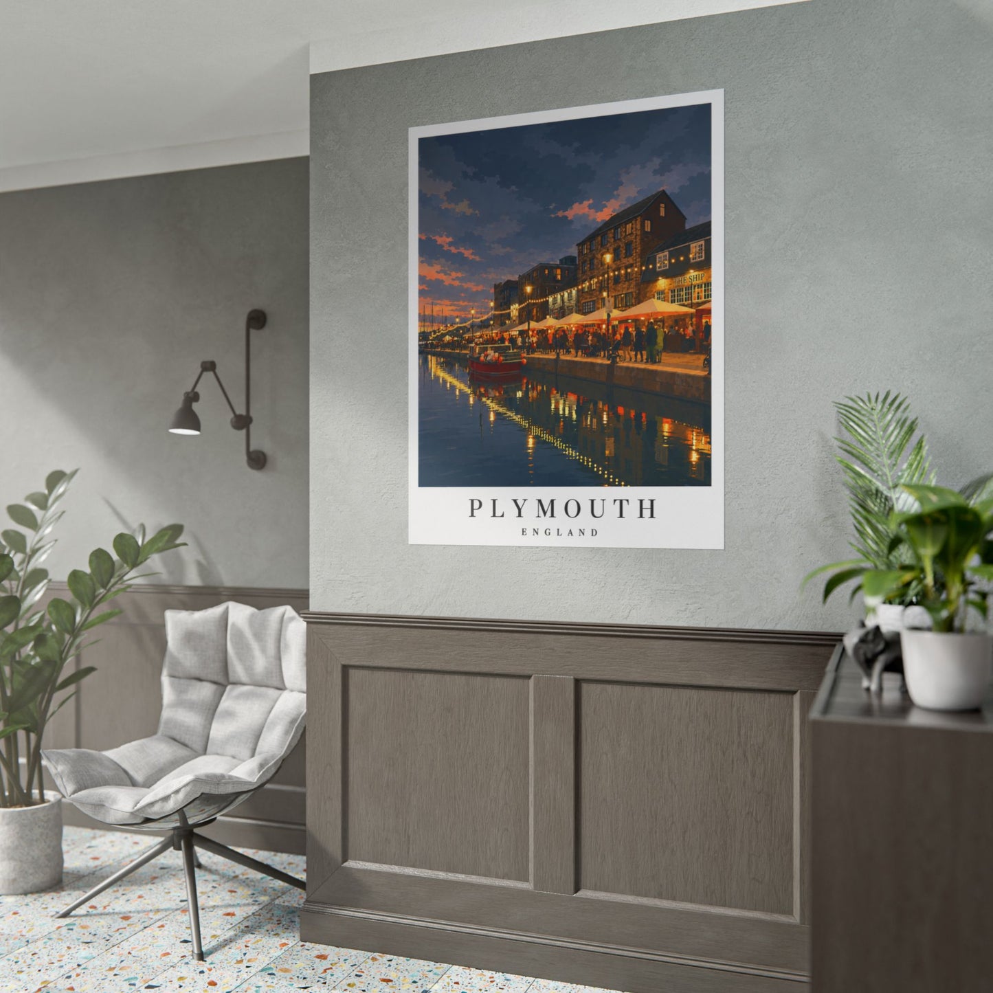 Plymouth Barbican England Harbour Poster — Rolled Travel Wall Art, Coastal Evening Waterfront Print