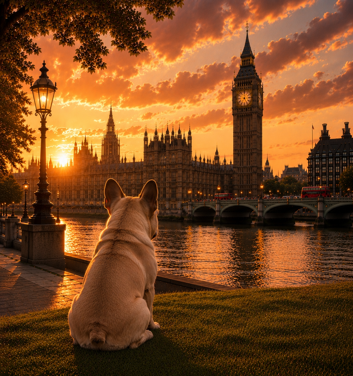 French Bulldog In London - French Bulldog Print - London Travel print - Sunset in London Fine Art Poster - French Bulldog by Big Ben