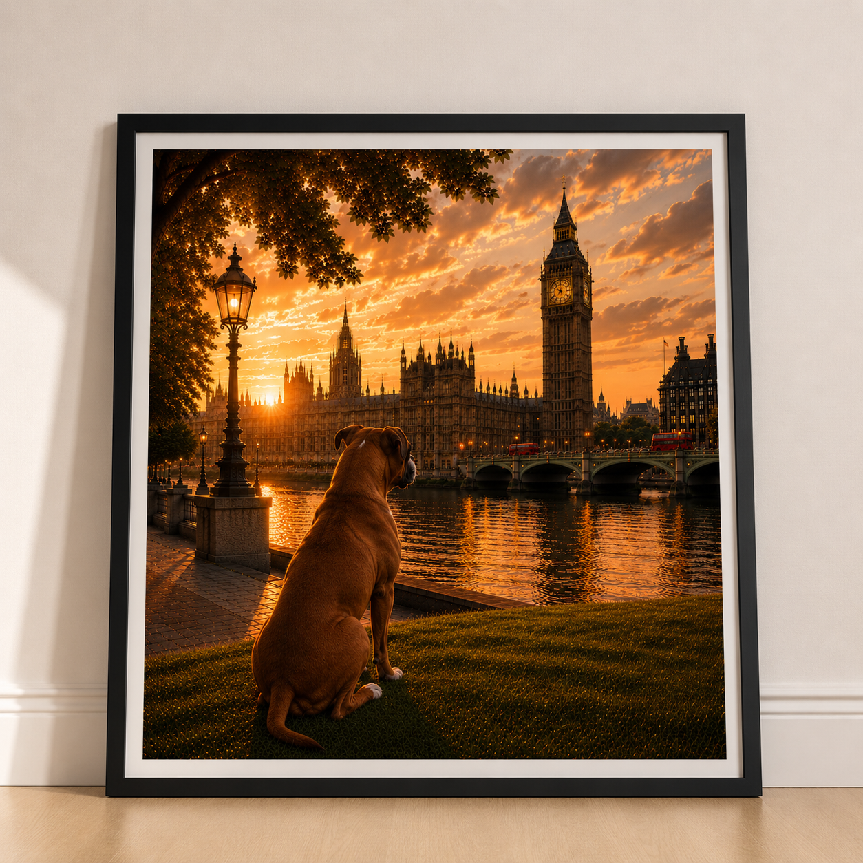 Boxer Dog In London - Boxer Dog Print - London Travel print - Sunset in London Fine Art Poster - Boxer Dog by Big Ben