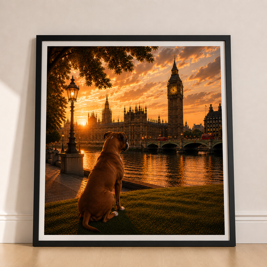 Boxer Dog In London - Boxer Dog Print - London Travel print - Sunset in London Fine Art Poster - Boxer Dog by Big Ben