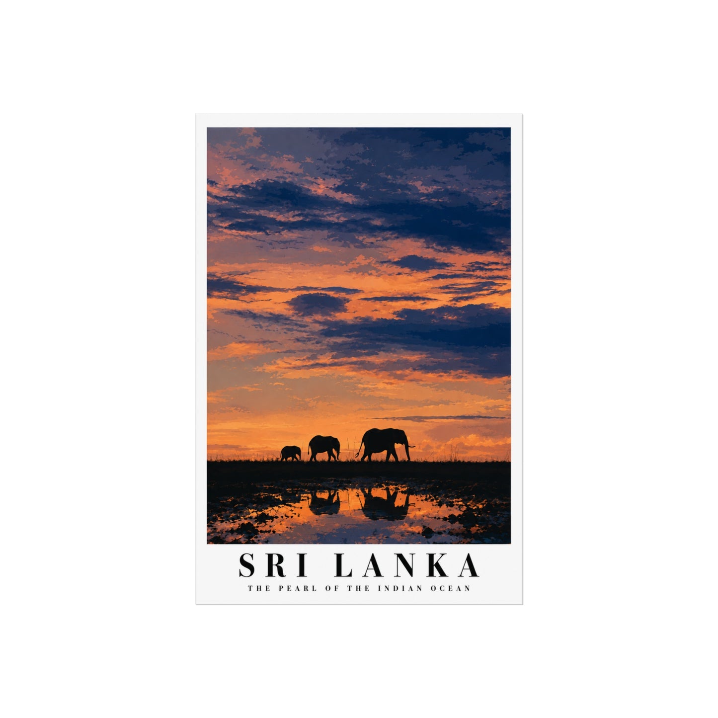 Sri Lanka Sunset Fine Art Poster — Elephants Silhouette Travel Print - Sri Lanka Travel Poster