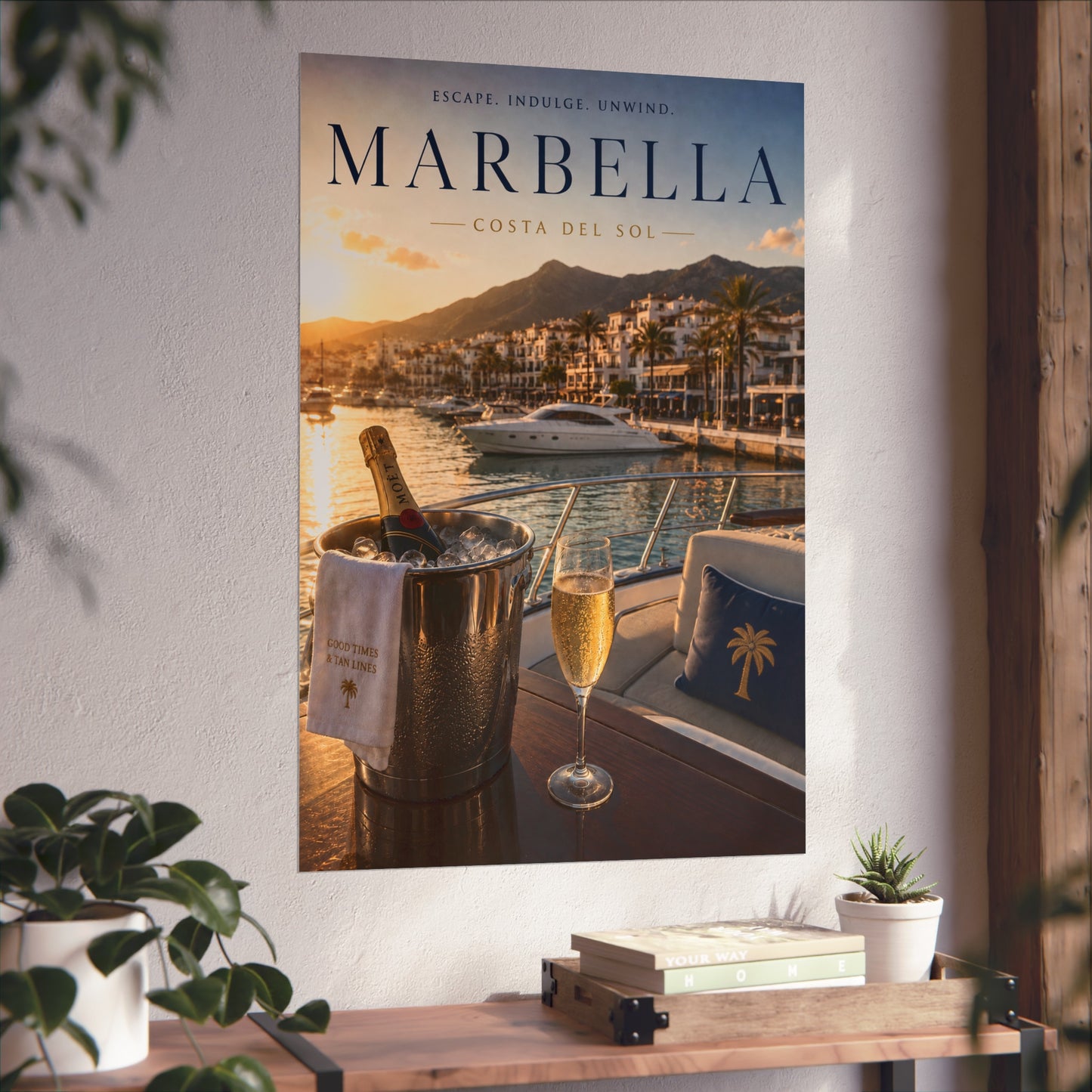 Marbella Costa del Sol Travel Poster — Luxury Yacht & Champagne Fine Art Print