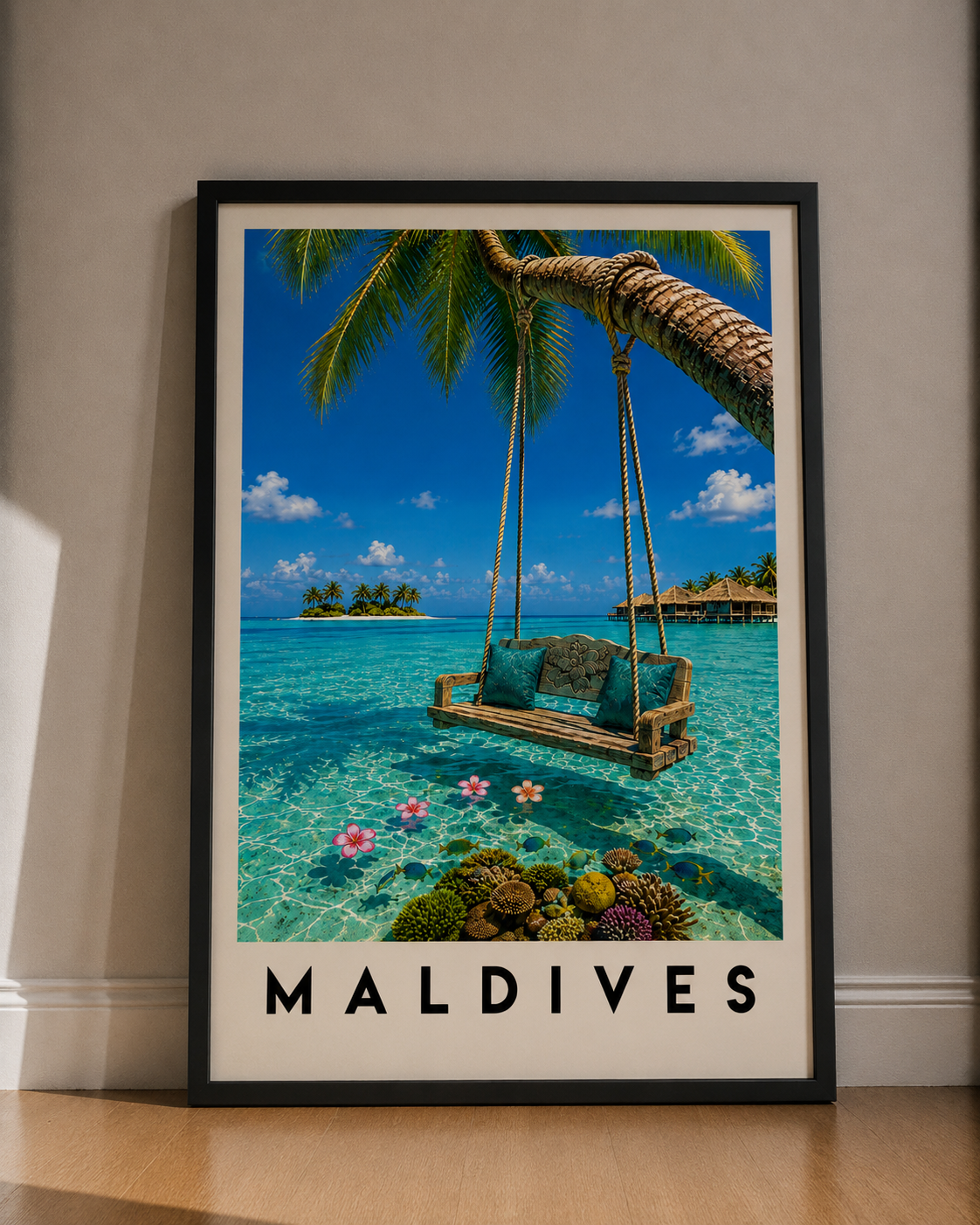 Maldives Beach Poster — Tropical Swing Fine Art Print - Maldives Travel Poster