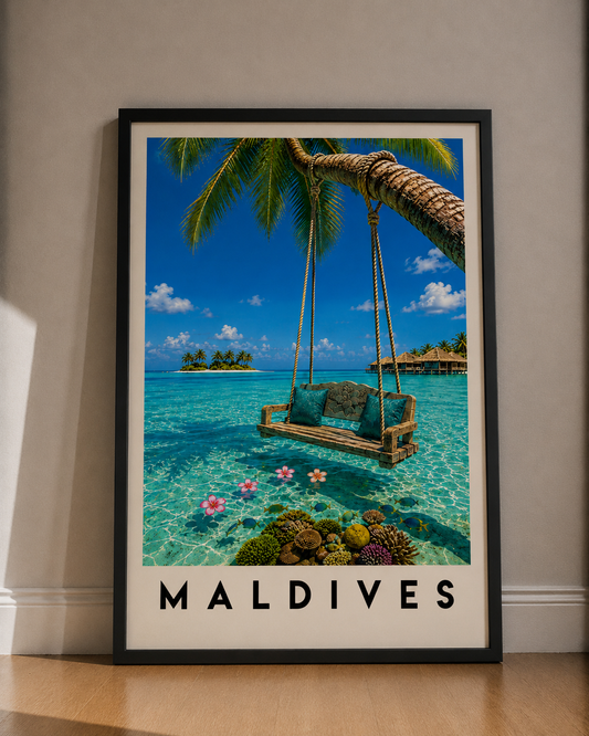 Maldives Beach Poster — Tropical Swing Fine Art Print - Maldives Travel Poster